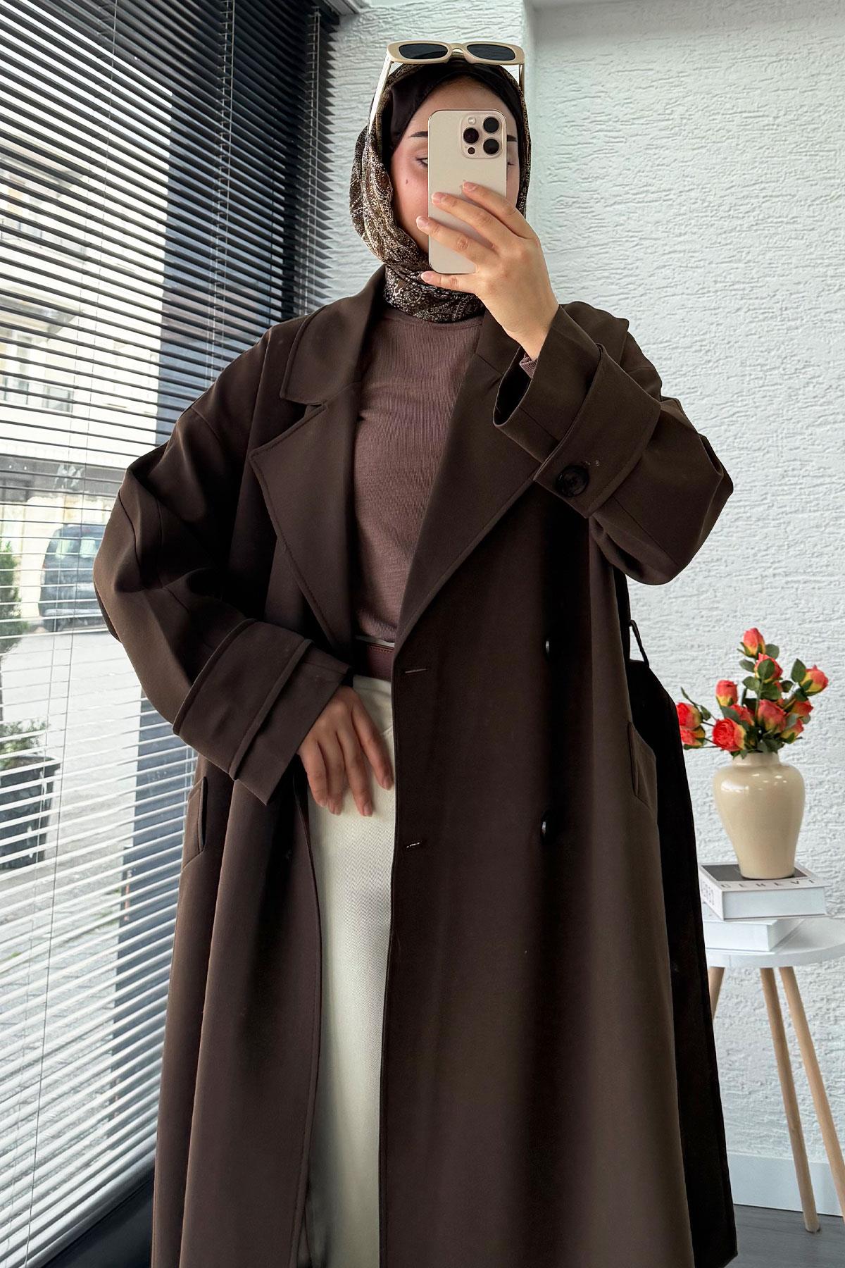 Premium Cepli Oversize Kadın Trençkot – Kahverengi