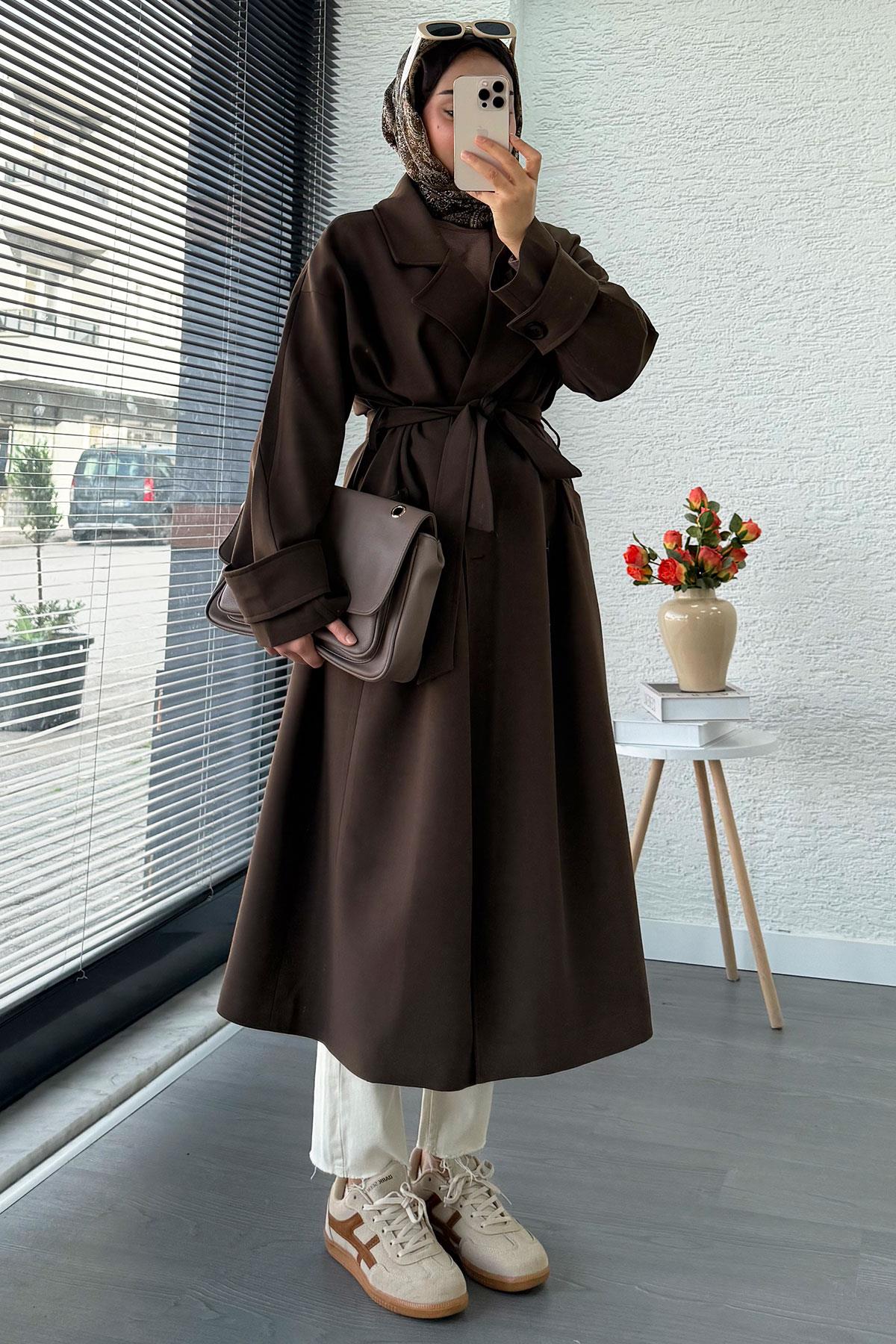 Premium Cepli Oversize Kadın Trençkot – Kahverengi