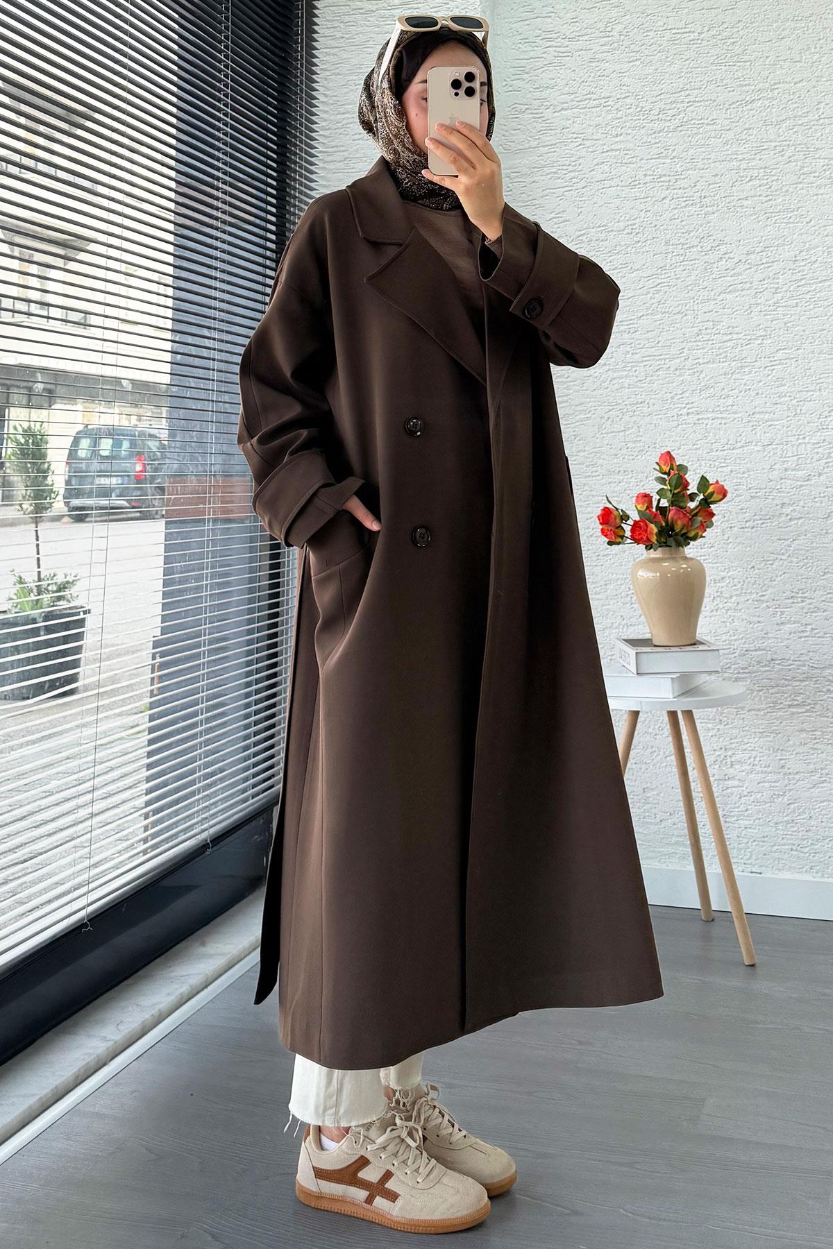 Premium Cepli Oversize Kadın Trençkot – Kahverengi