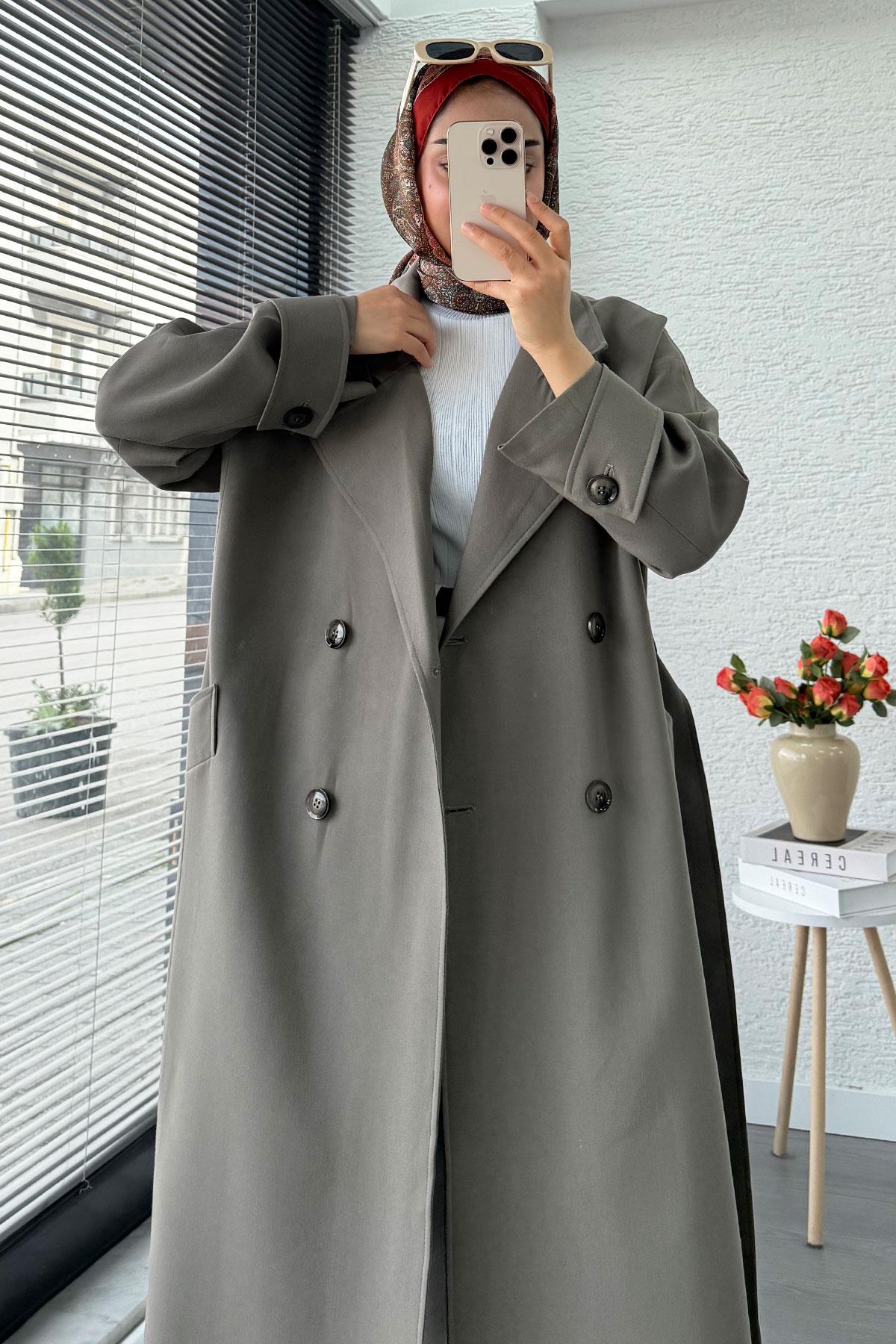 Premium Cepli Oversize Kadın Trençkot – Haki