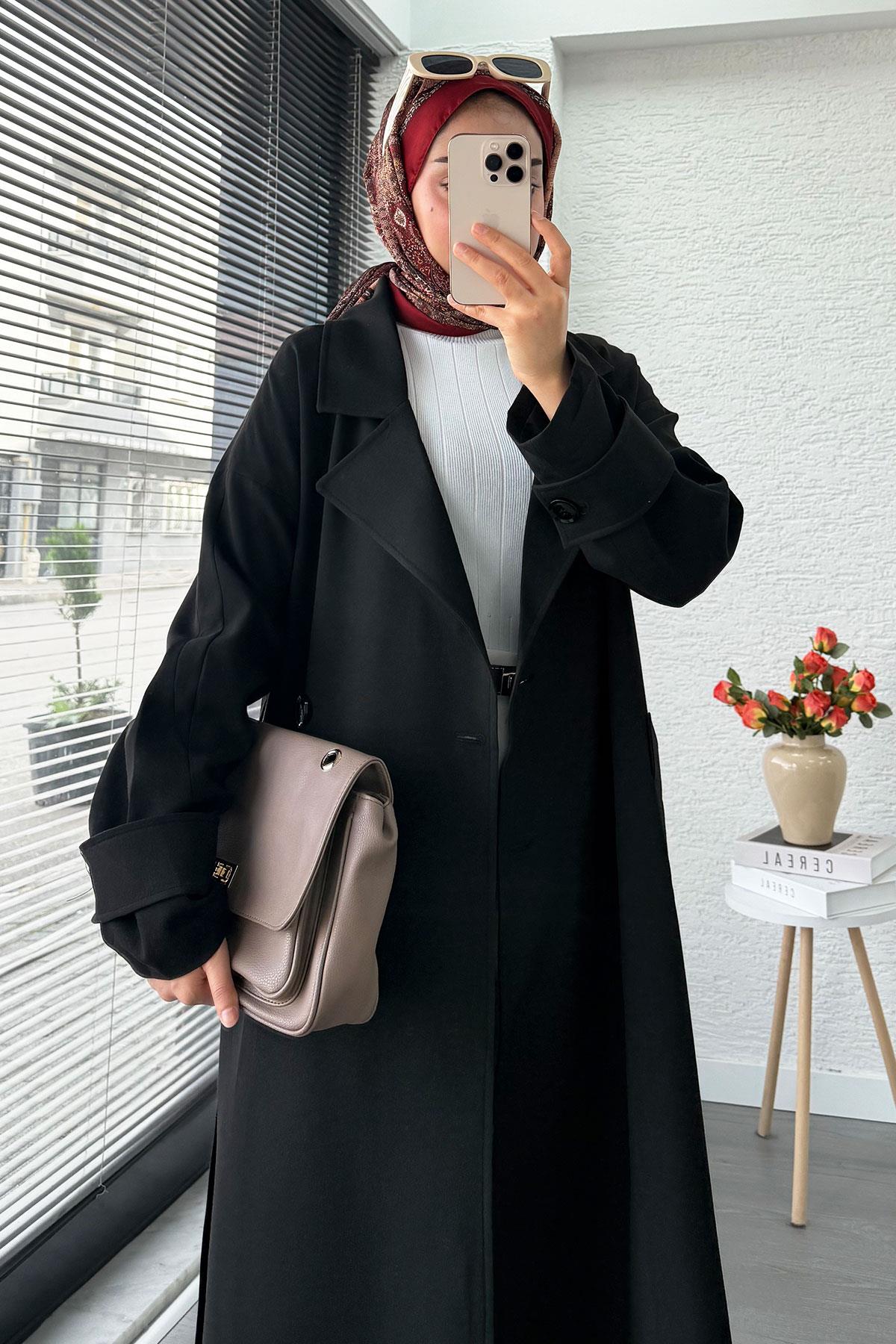 Premium Cepli Oversize Kadın Trençkot – Siyah