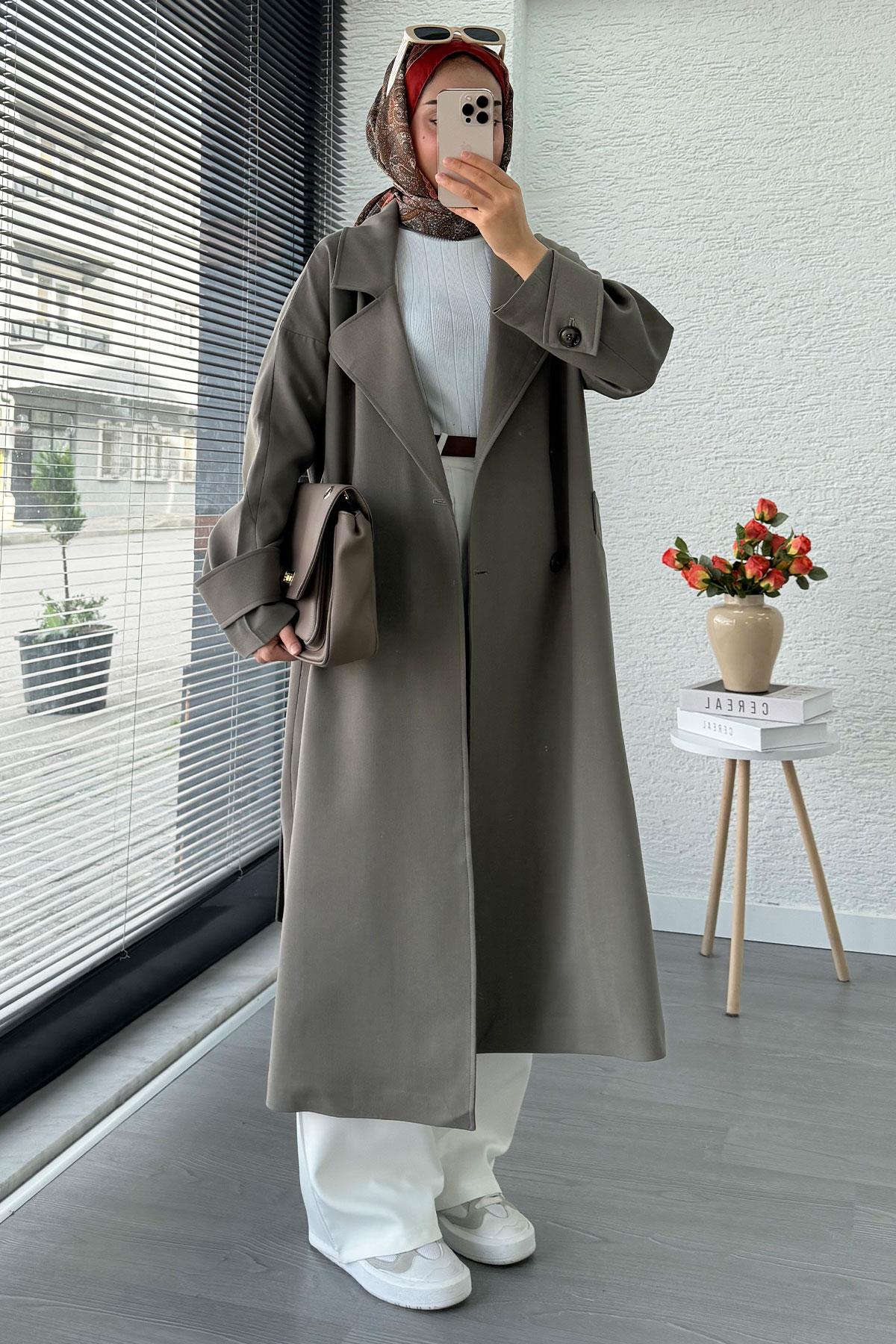 Premium Cepli Oversize Kadın Trençkot – Haki