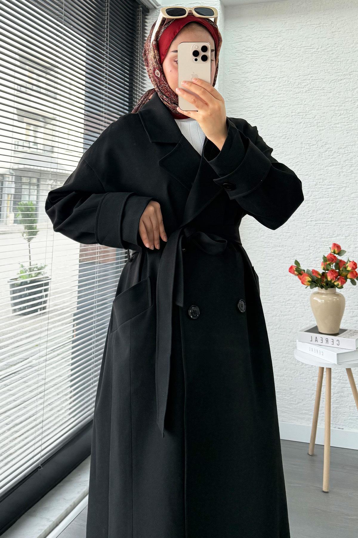 Premium Cepli Oversize Kadın Trençkot – Siyah