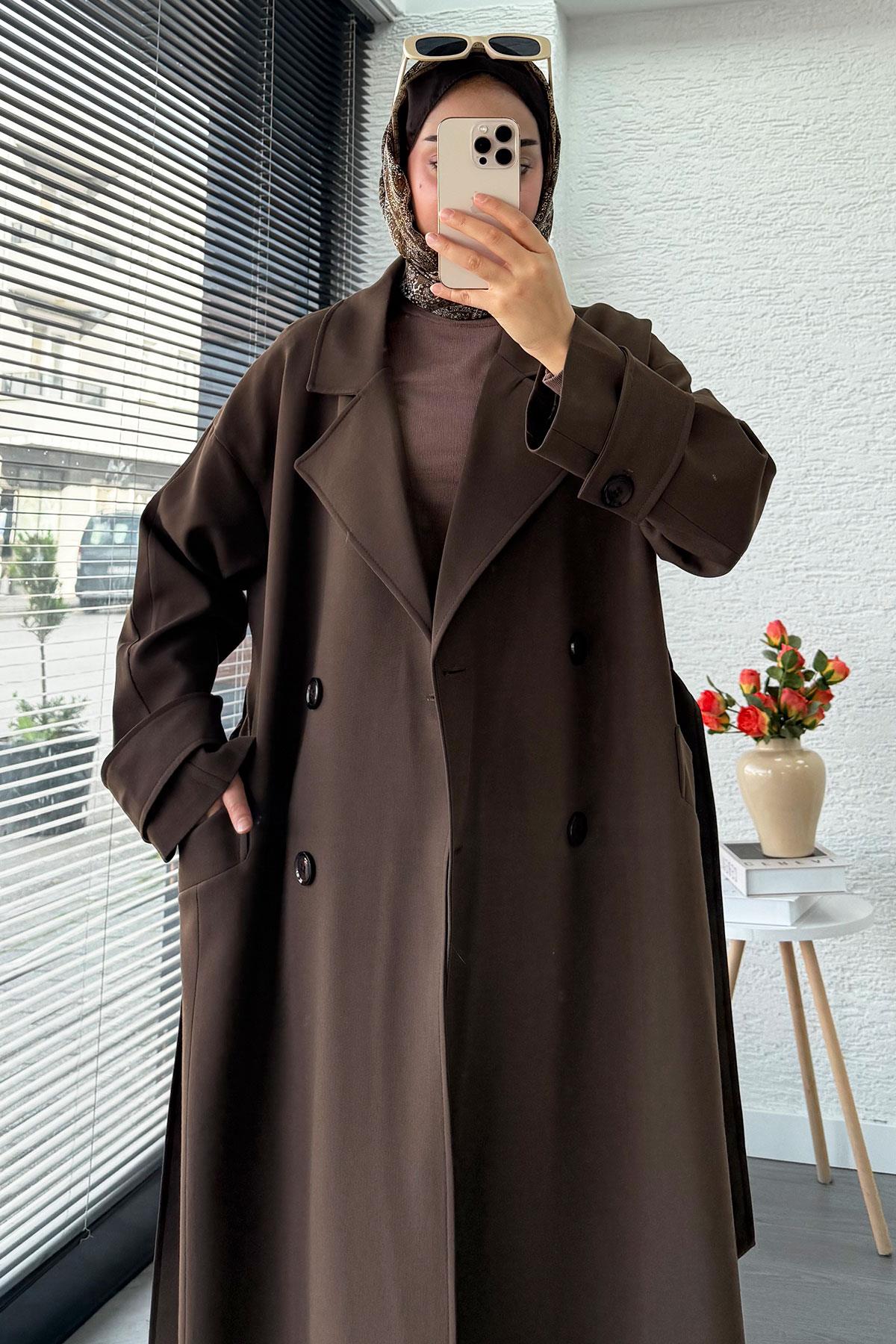 Premium Cepli Oversize Kadın Trençkot – Kahverengi