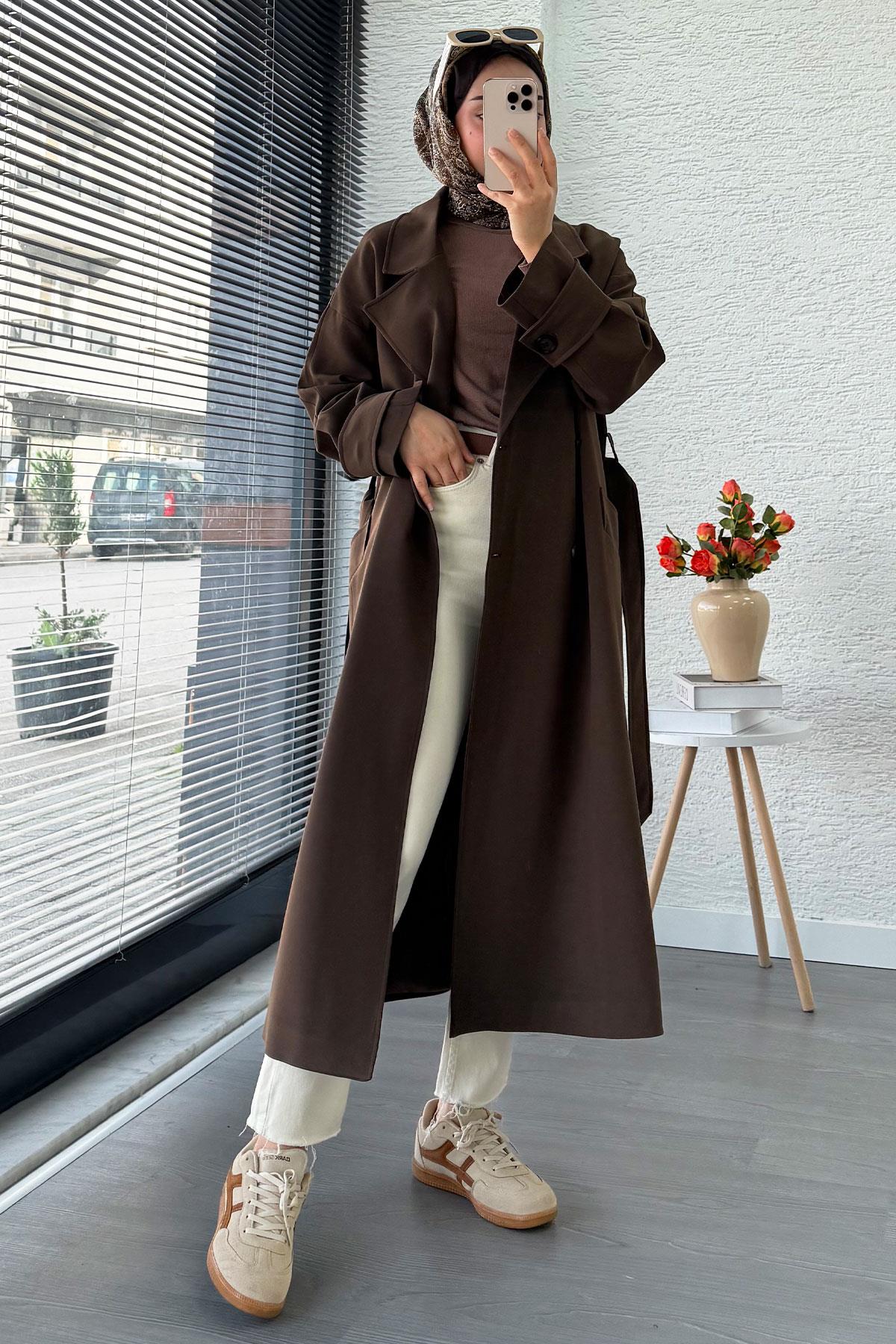 Premium Cepli Oversize Kadın Trençkot – Kahverengi