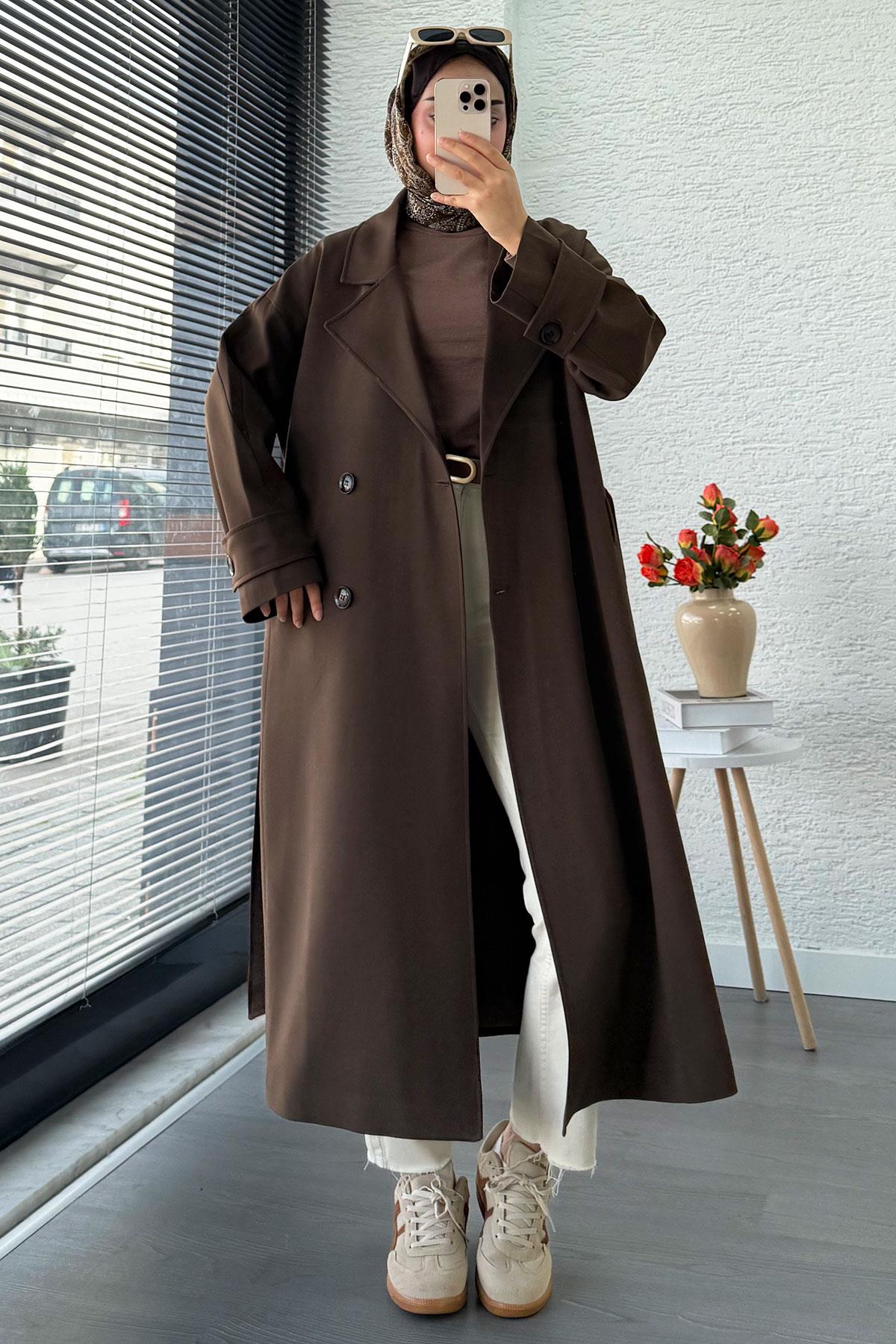 Premium Cepli Oversize Kadın Trençkot – Kahverengi