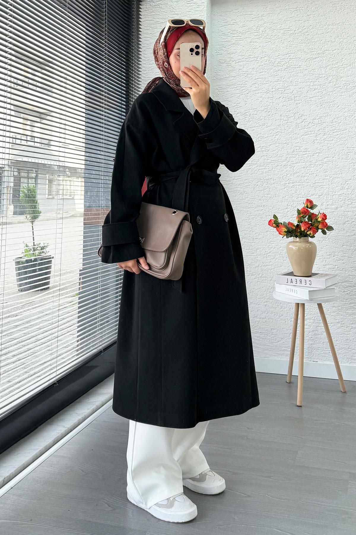 Premium Cepli Oversize Kadın Trençkot – Siyah