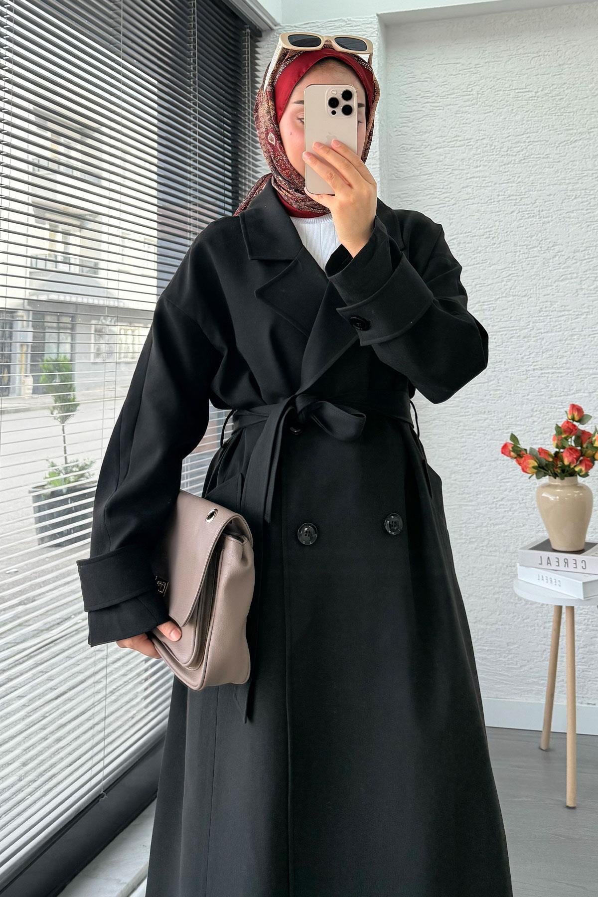 Premium Cepli Oversize Kadın Trençkot – Siyah
