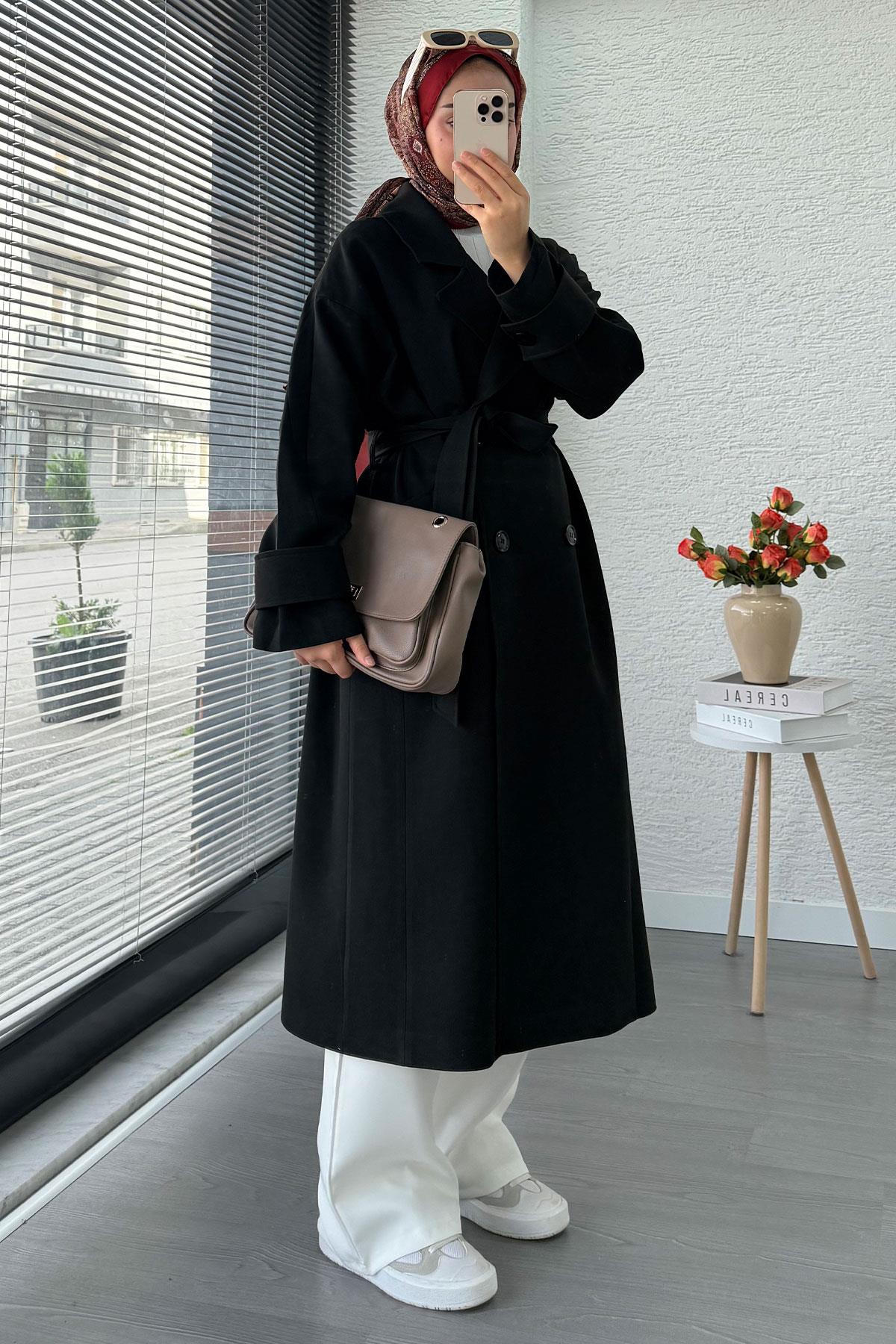 Premium Cepli Oversize Kadın Trençkot – Siyah