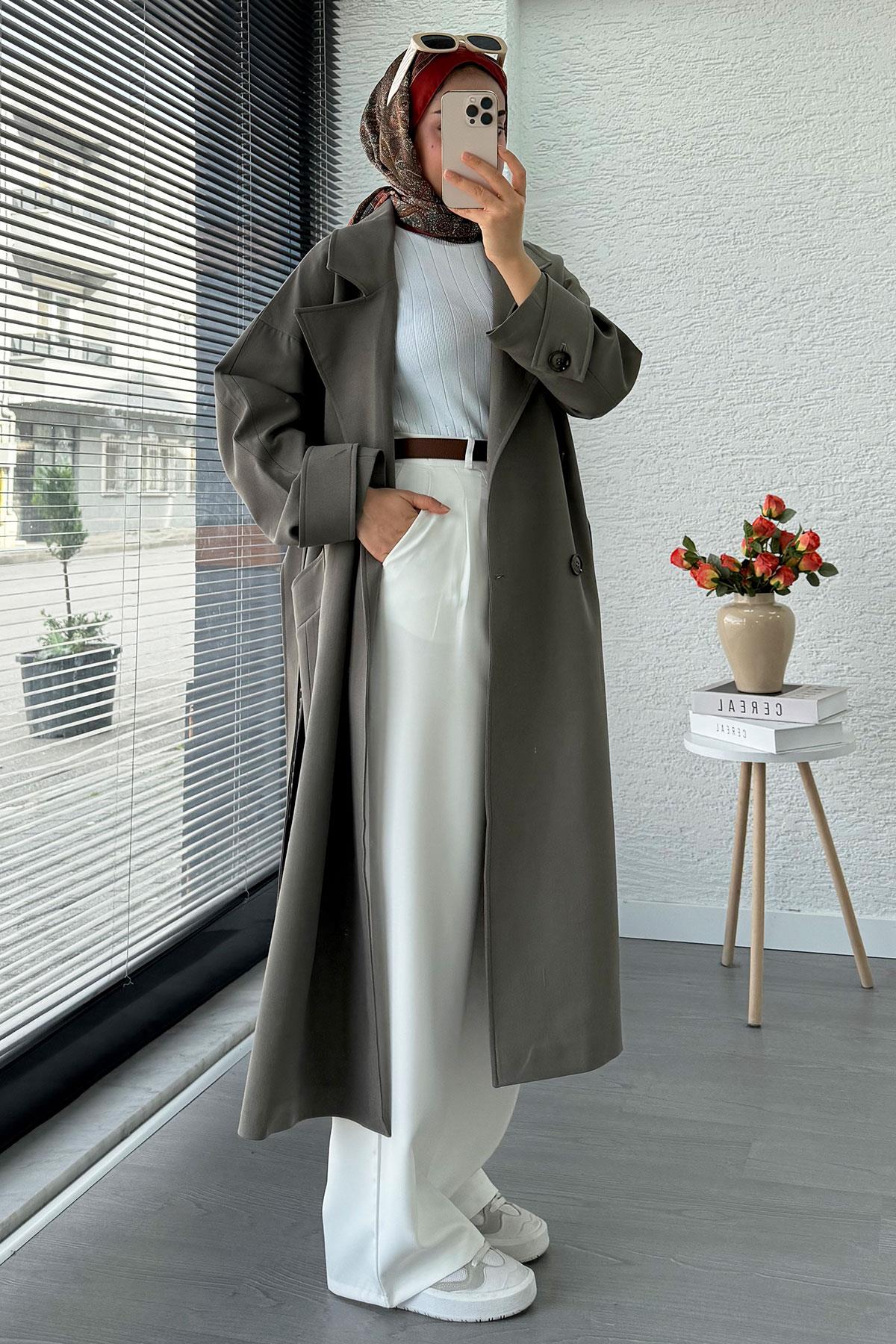 Premium Cepli Oversize Kadın Trençkot – Haki