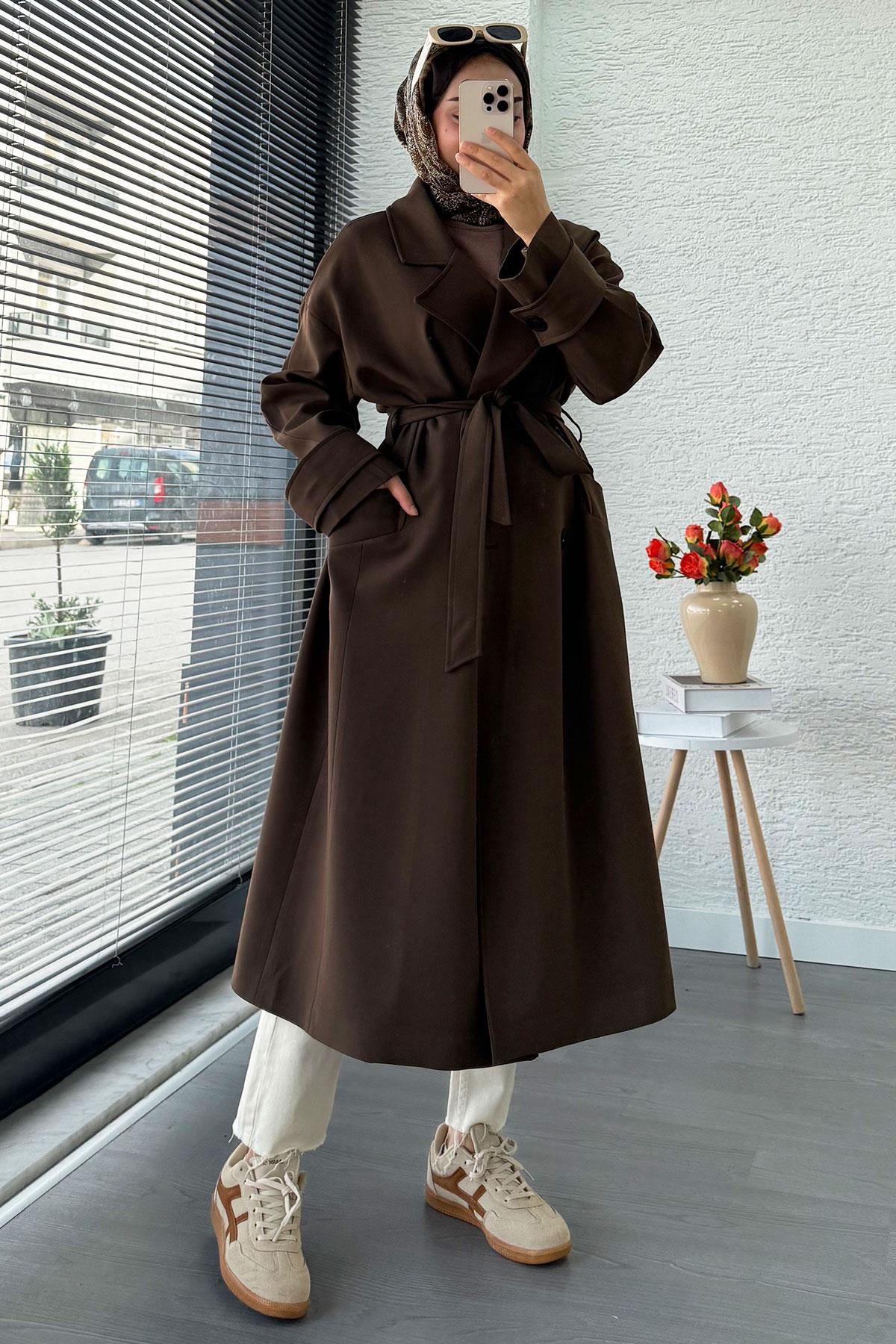 Premium Cepli Oversize Kadın Trençkot – Kahverengi