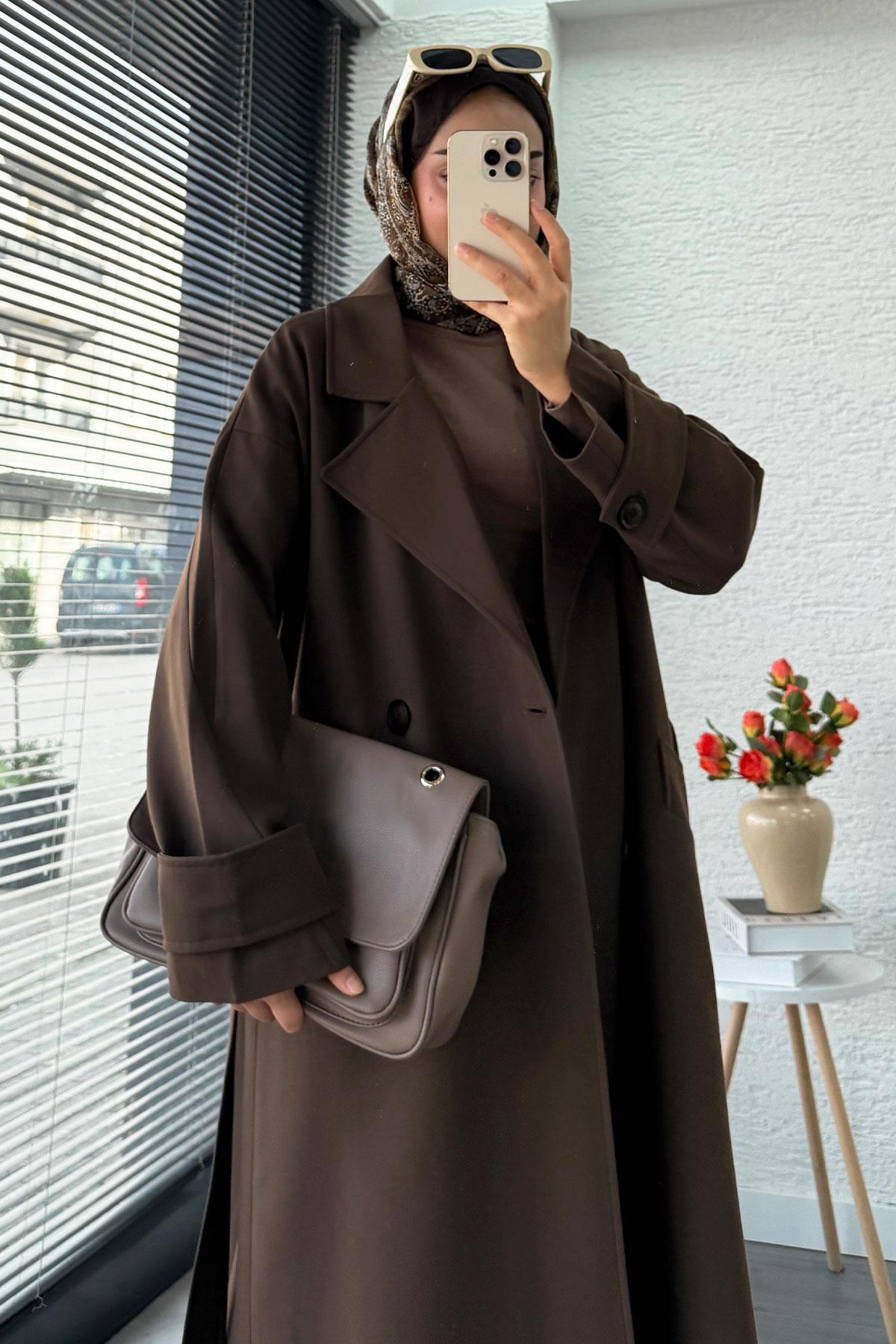 Premium Cepli Oversize Kadın Trençkot – Kahverengi