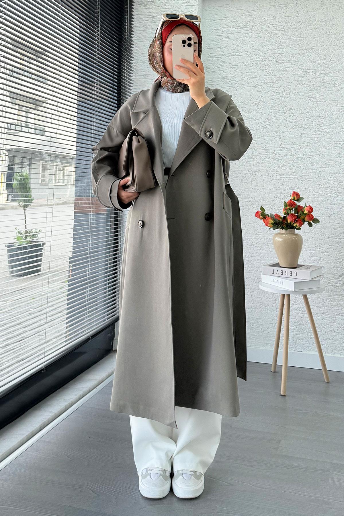 Premium Cepli Oversize Kadın Trençkot – Haki