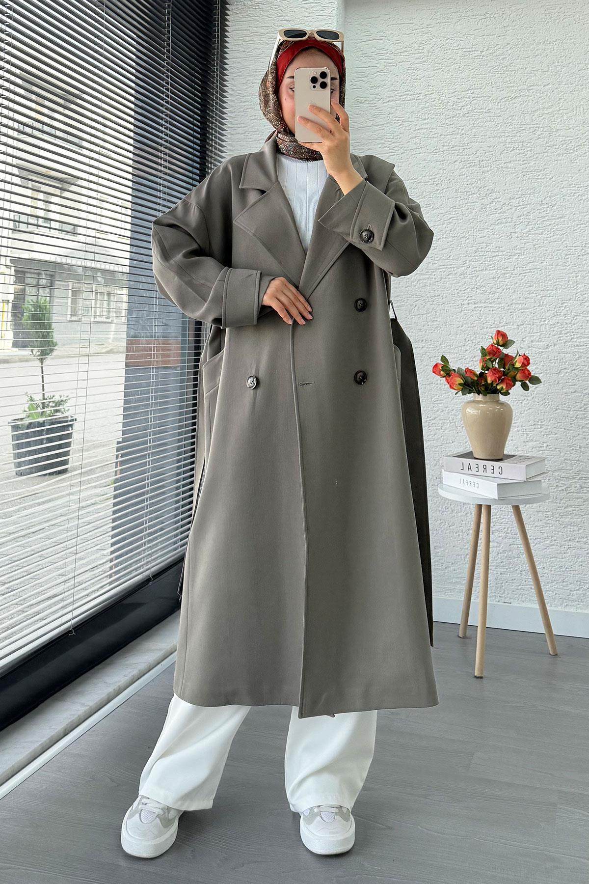 Premium Cepli Oversize Kadın Trençkot – Haki
