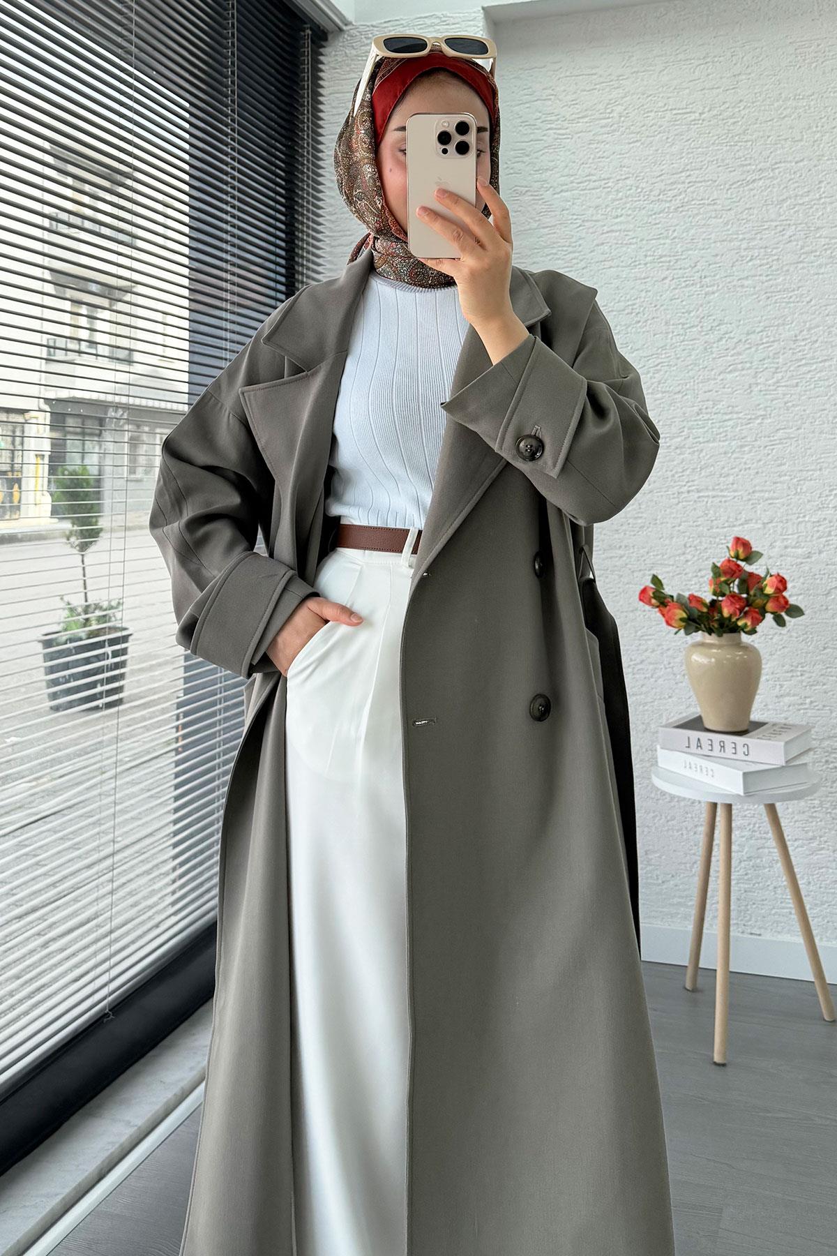 Premium Cepli Oversize Kadın Trençkot – Haki