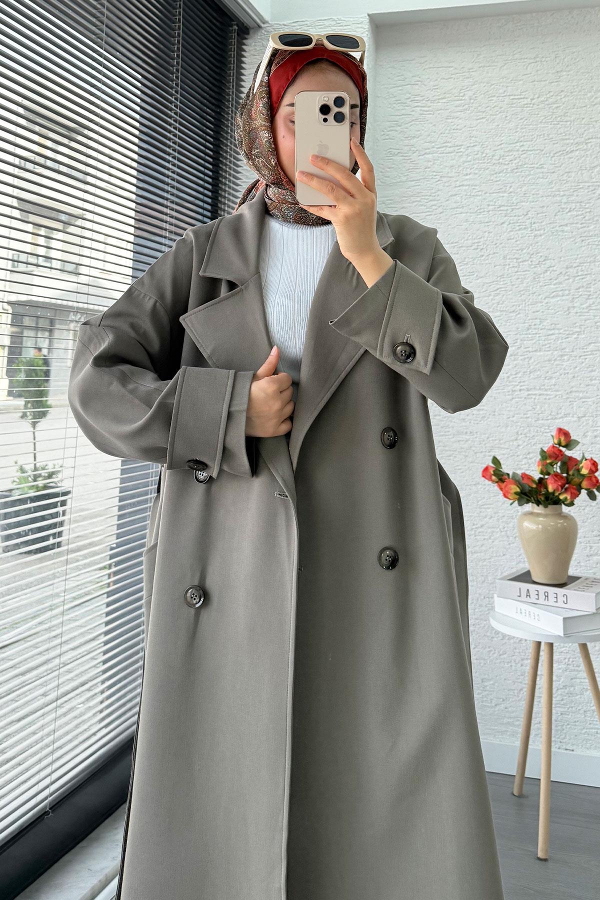 Premium Cepli Oversize Kadın Trençkot – Haki