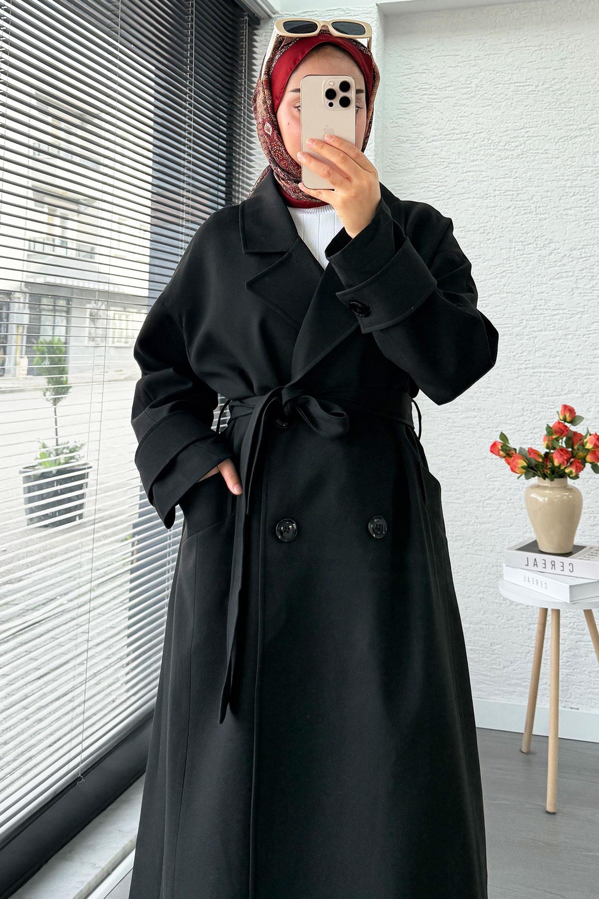 Premium Cepli Oversize Kadın Trençkot – Siyah