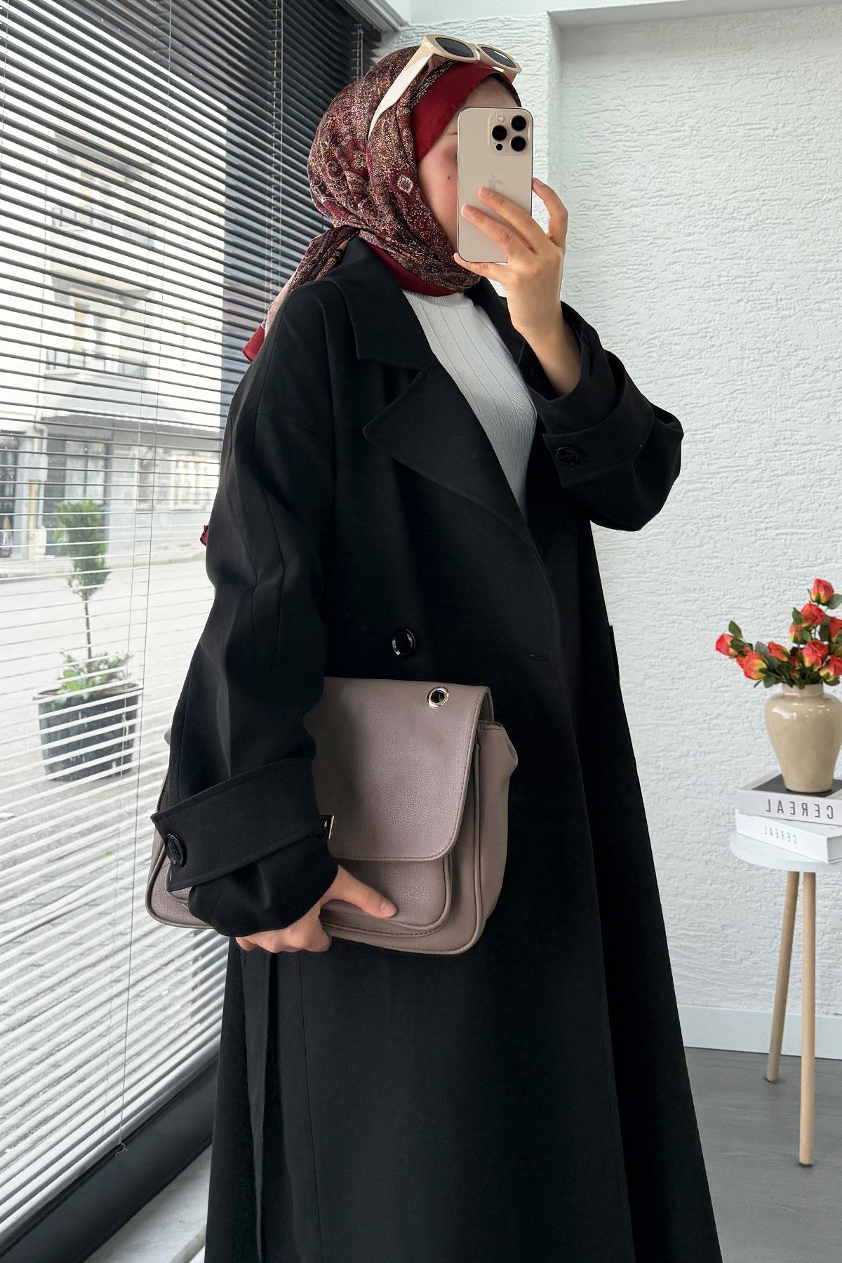 Premium Cepli Oversize Kadın Trençkot – Siyah
