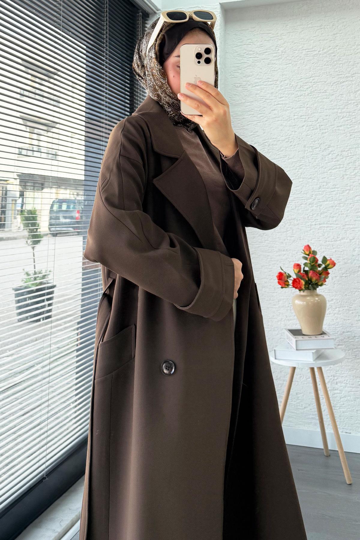 Premium Cepli Oversize Kadın Trençkot – Kahverengi
