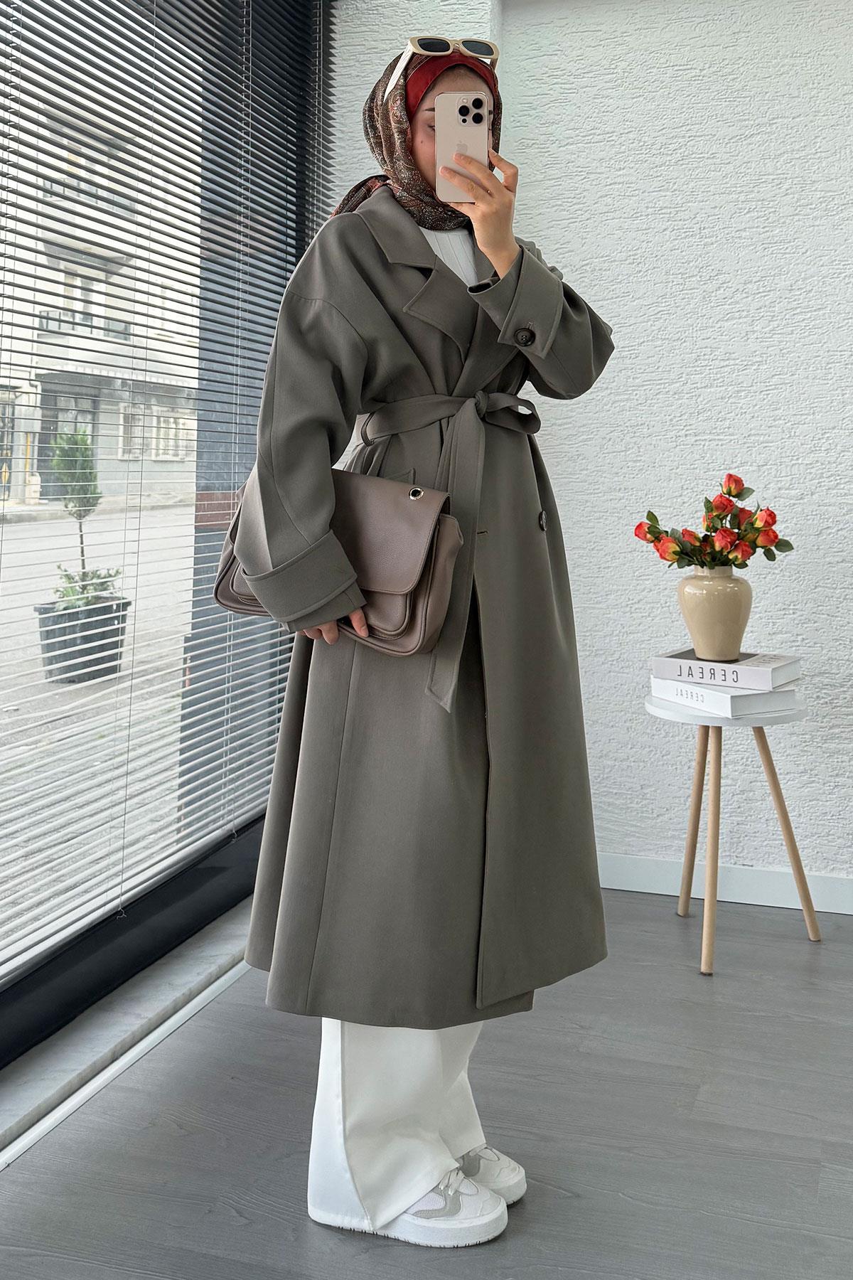 Premium Cepli Oversize Kadın Trençkot – Haki