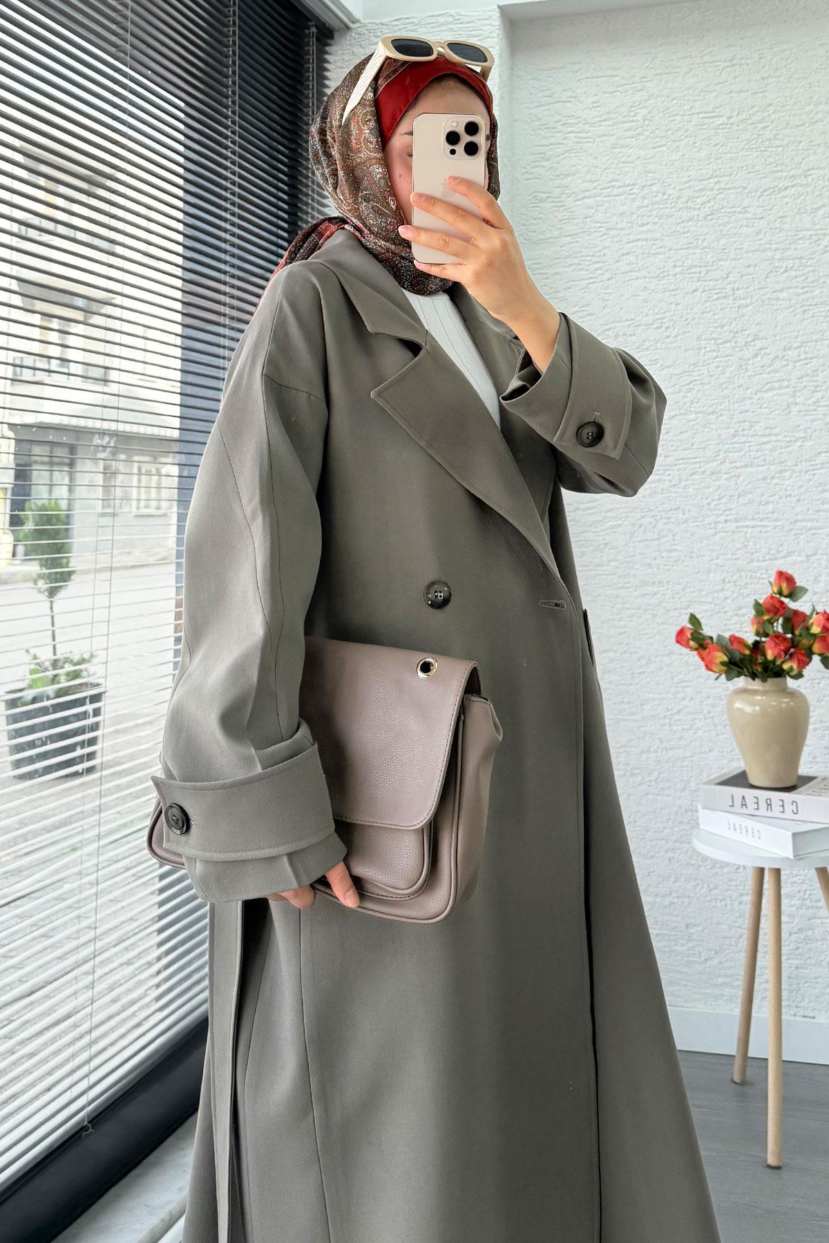 Premium Cepli Oversize Kadın Trençkot – Haki