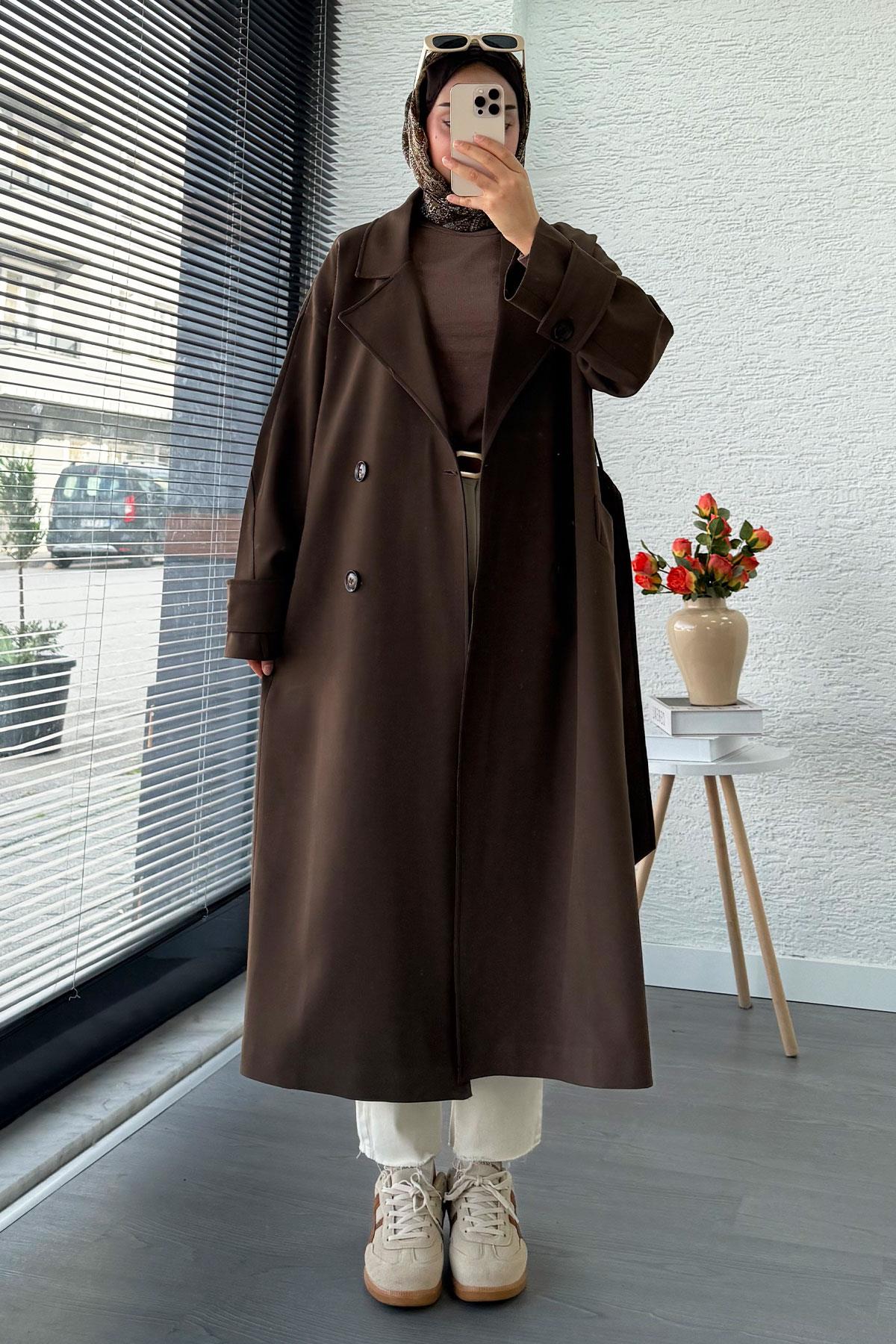 Premium Cepli Oversize Kadın Trençkot – Kahverengi