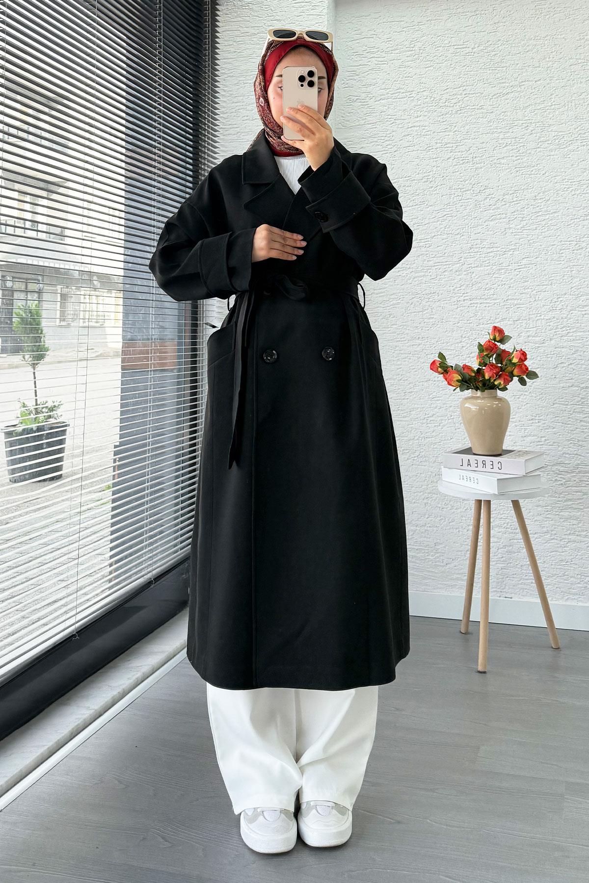 Premium Cepli Oversize Kadın Trençkot – Siyah
