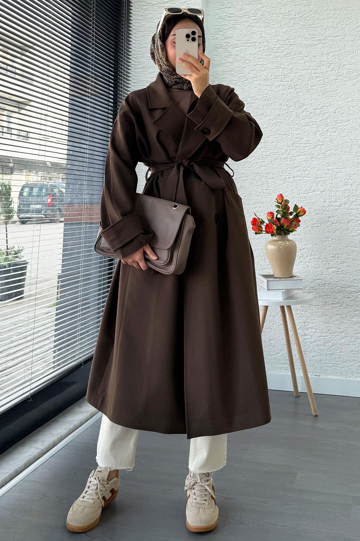 Premium Cepli Oversize Kadın Trençkot – Kahverengi