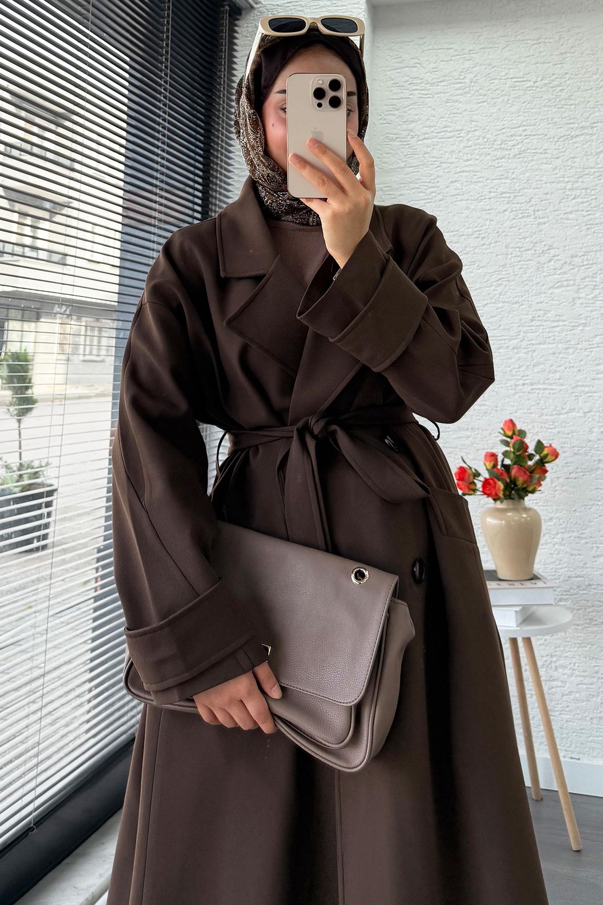 Premium Cepli Oversize Kadın Trençkot – Kahverengi