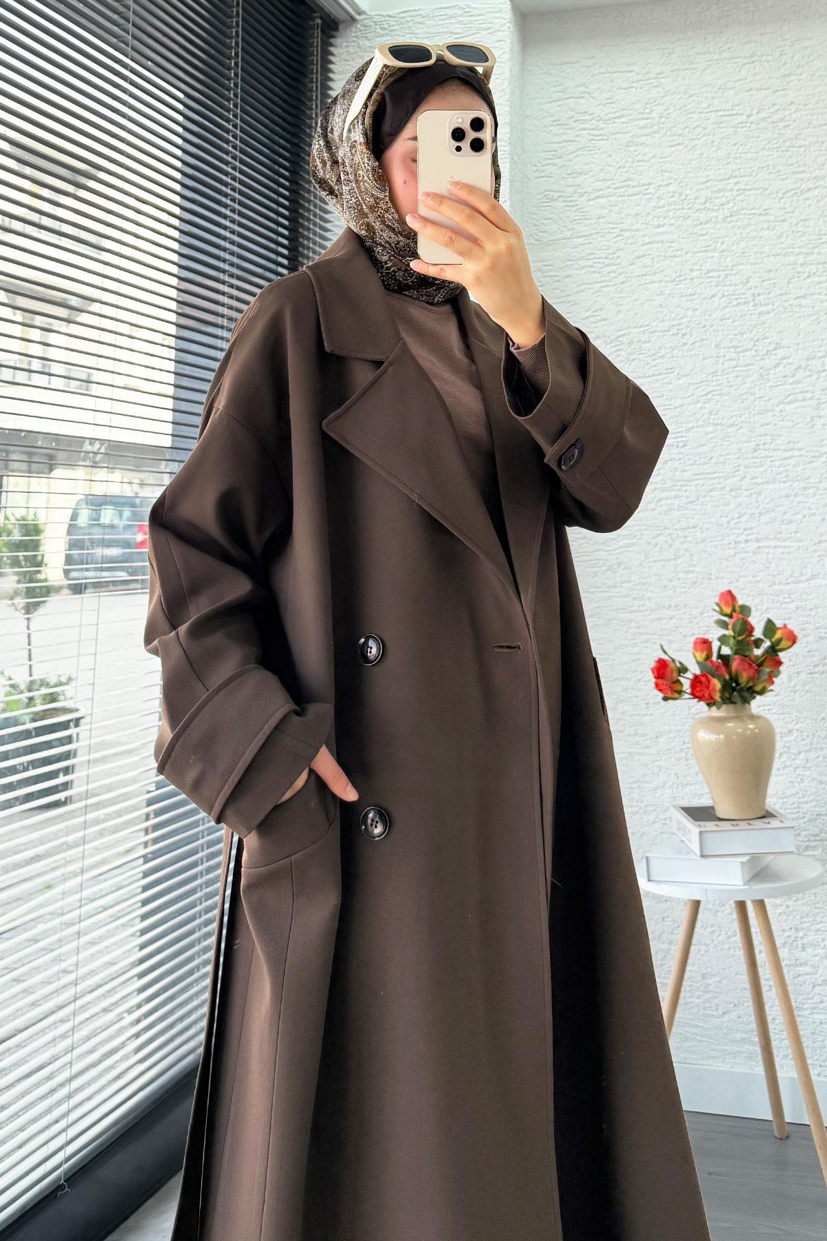 Premium Cepli Oversize Kadın Trençkot – Kahverengi