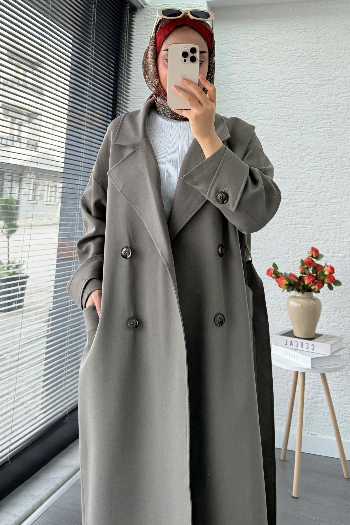 Premium Cepli Oversize Kadın Trençkot – Haki