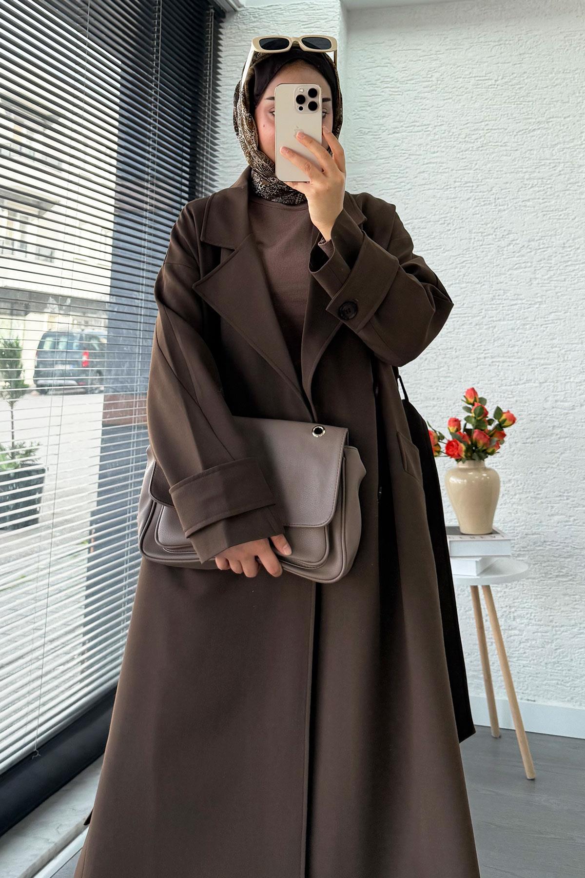 Premium Cepli Oversize Kadın Trençkot – Kahverengi