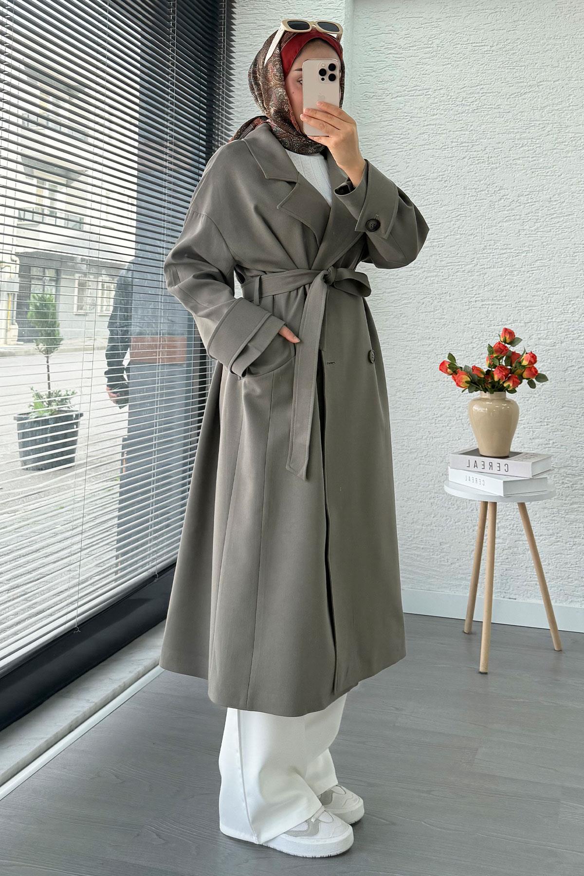 Premium Cepli Oversize Kadın Trençkot – Haki