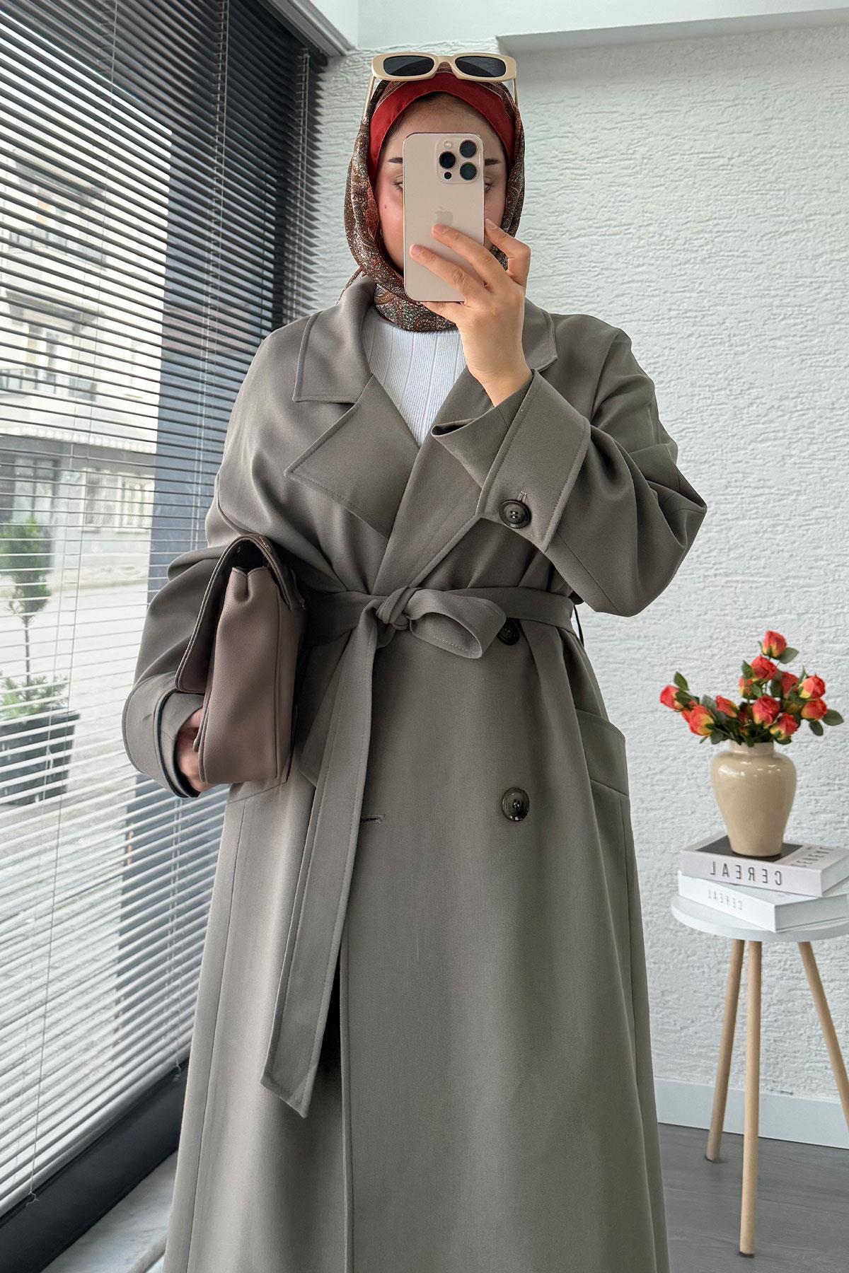 Premium Cepli Oversize Kadın Trençkot – Haki