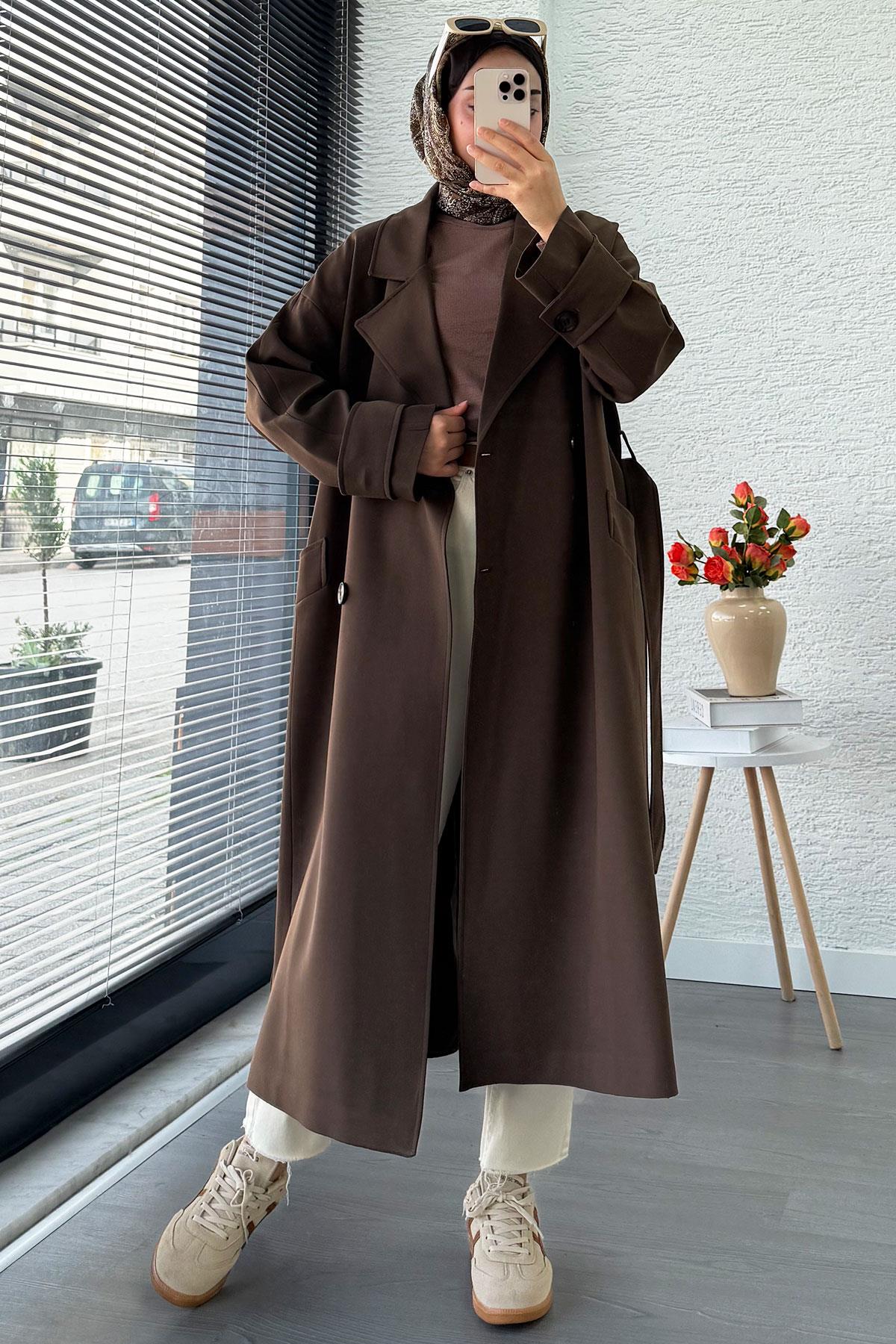 Premium Cepli Oversize Kadın Trençkot – Kahverengi