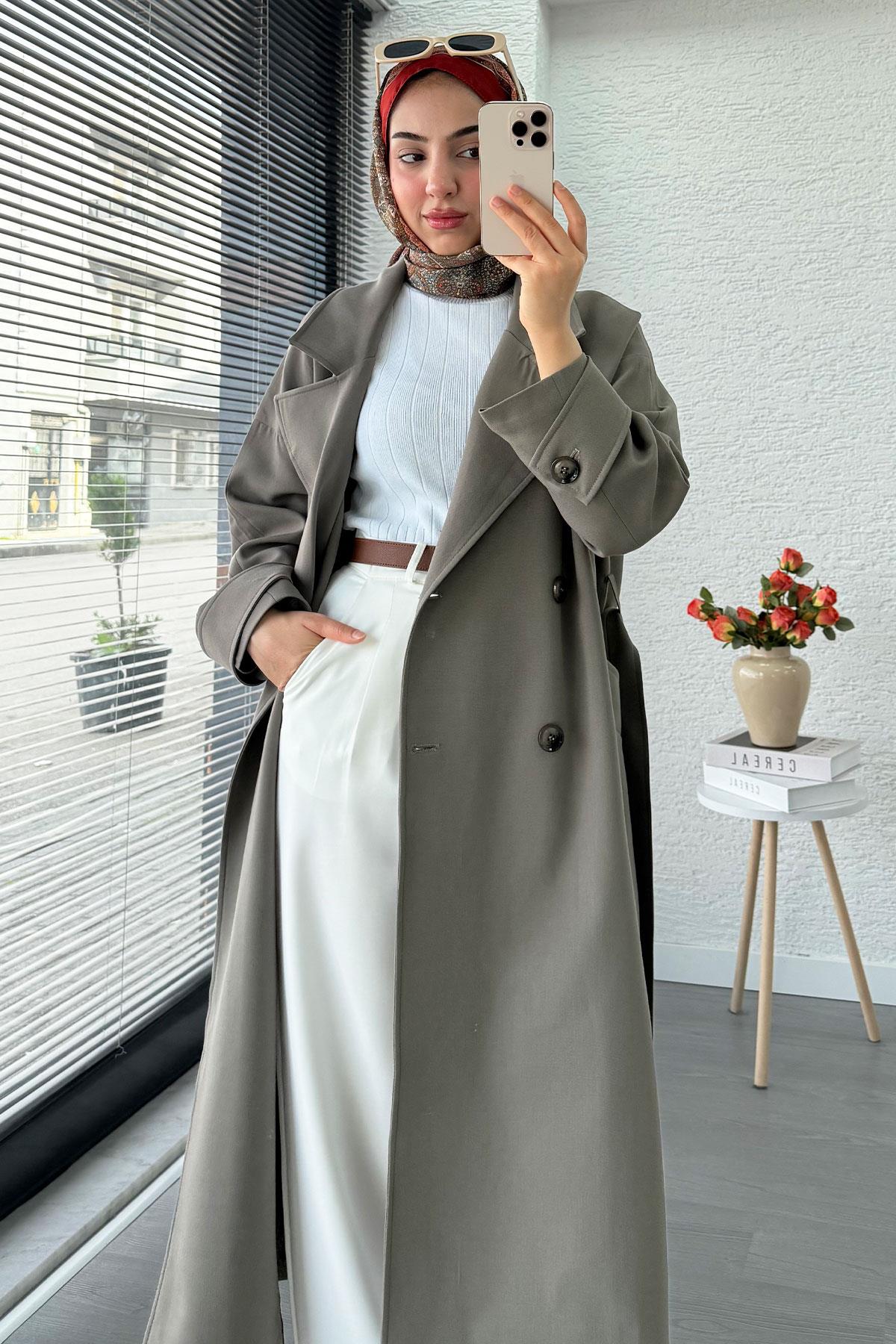 Premium Cepli Oversize Kadın Trençkot – Haki