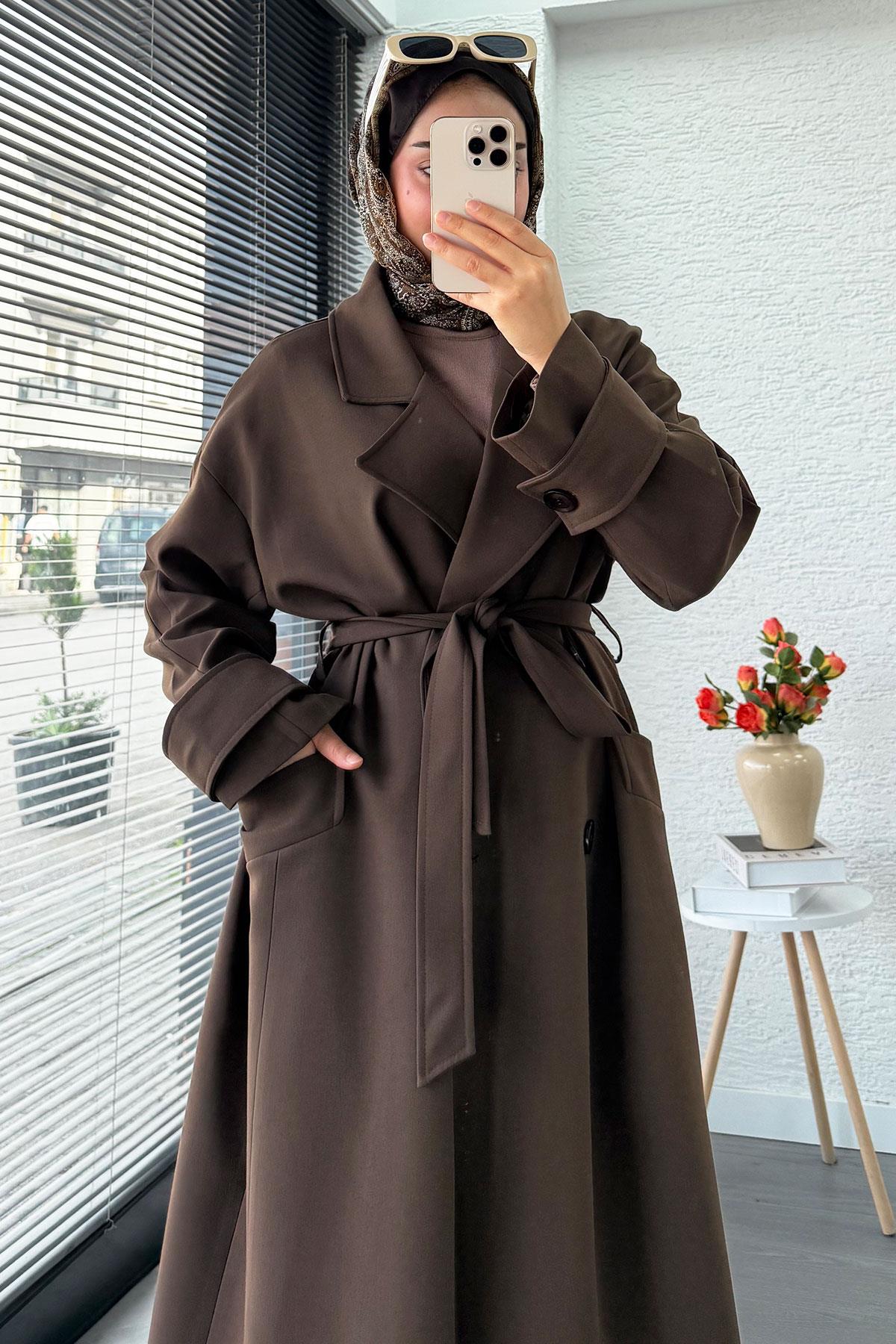 Premium Cepli Oversize Kadın Trençkot – Kahverengi