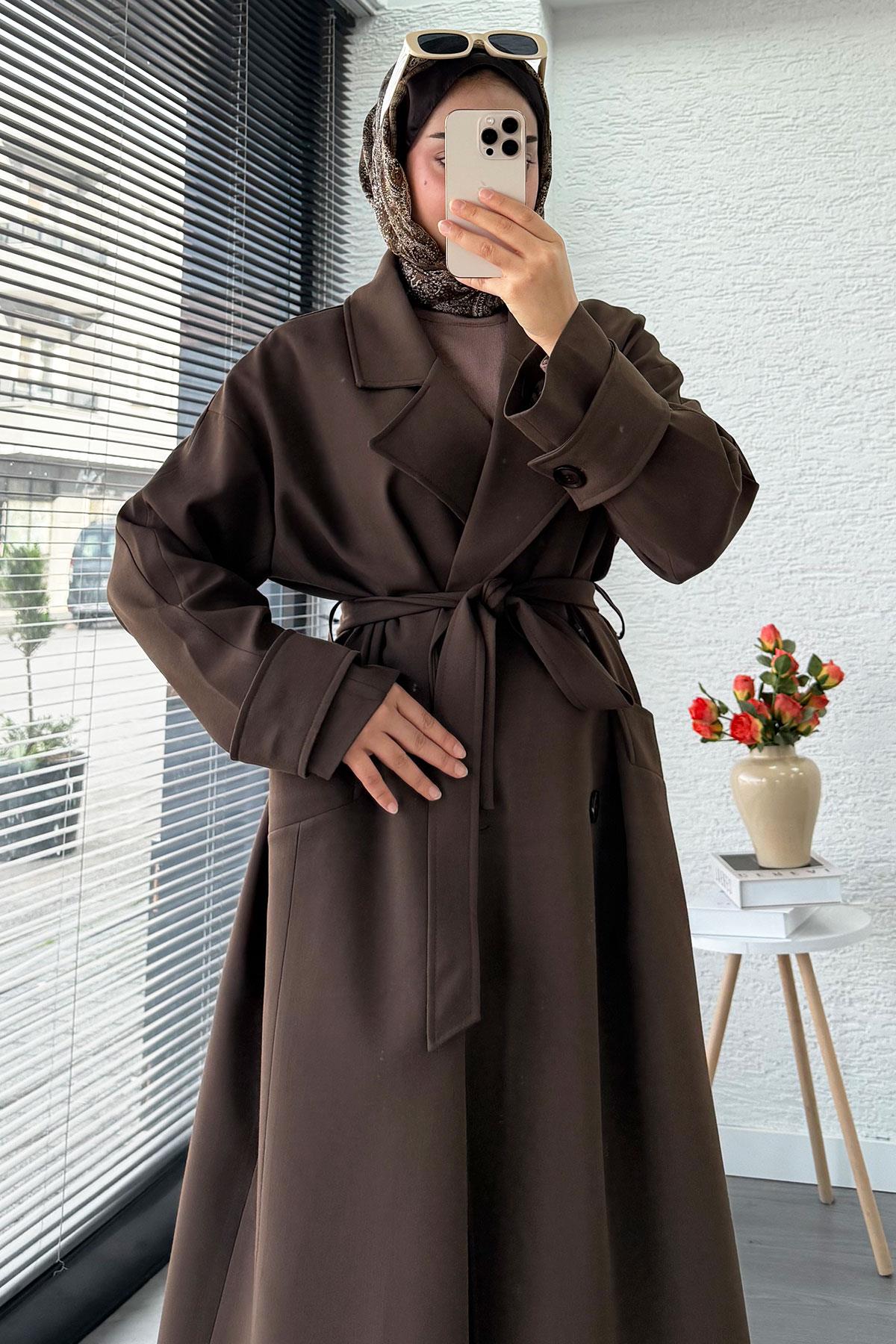 Premium Cepli Oversize Kadın Trençkot – Kahverengi