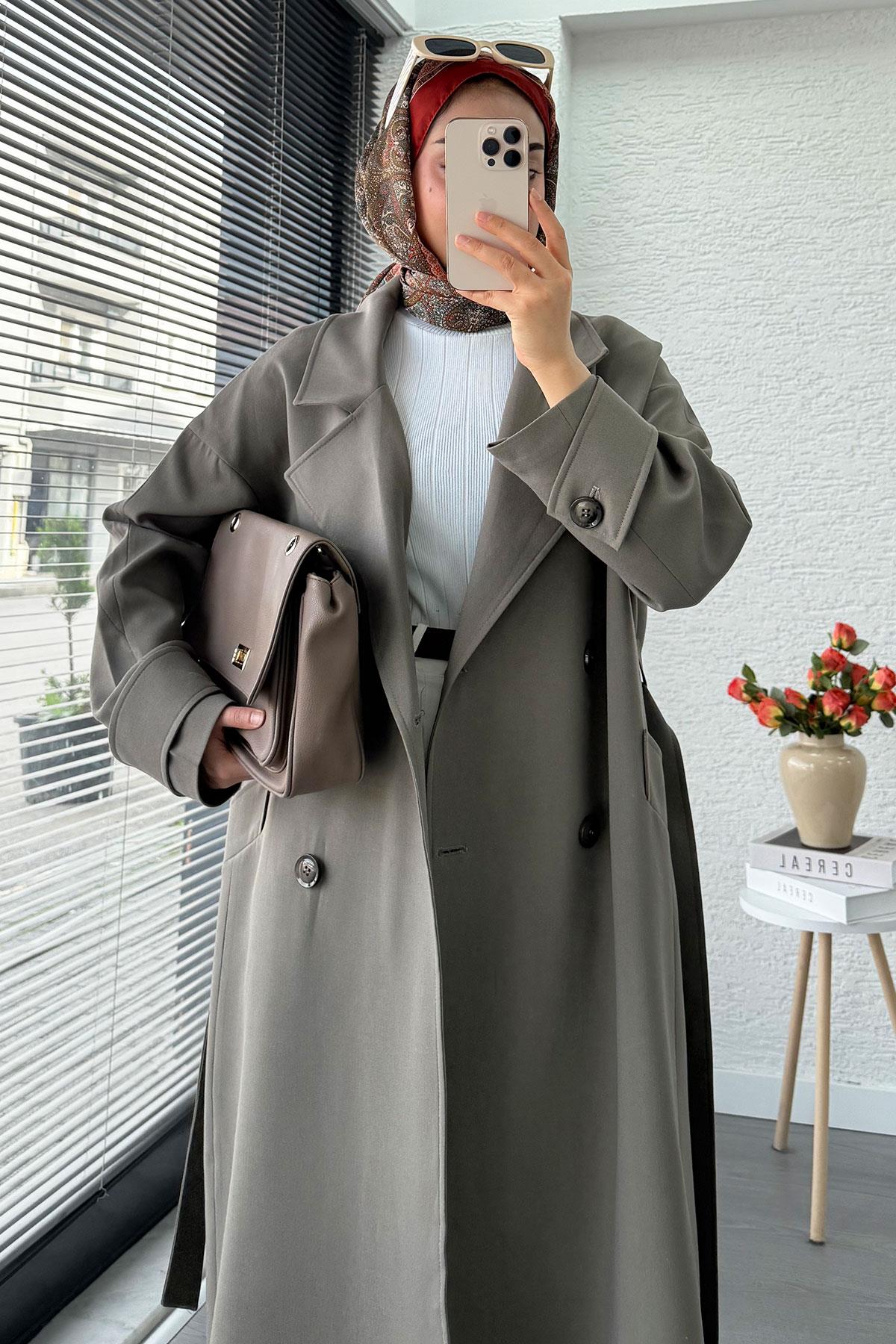 Premium Cepli Oversize Kadın Trençkot – Haki