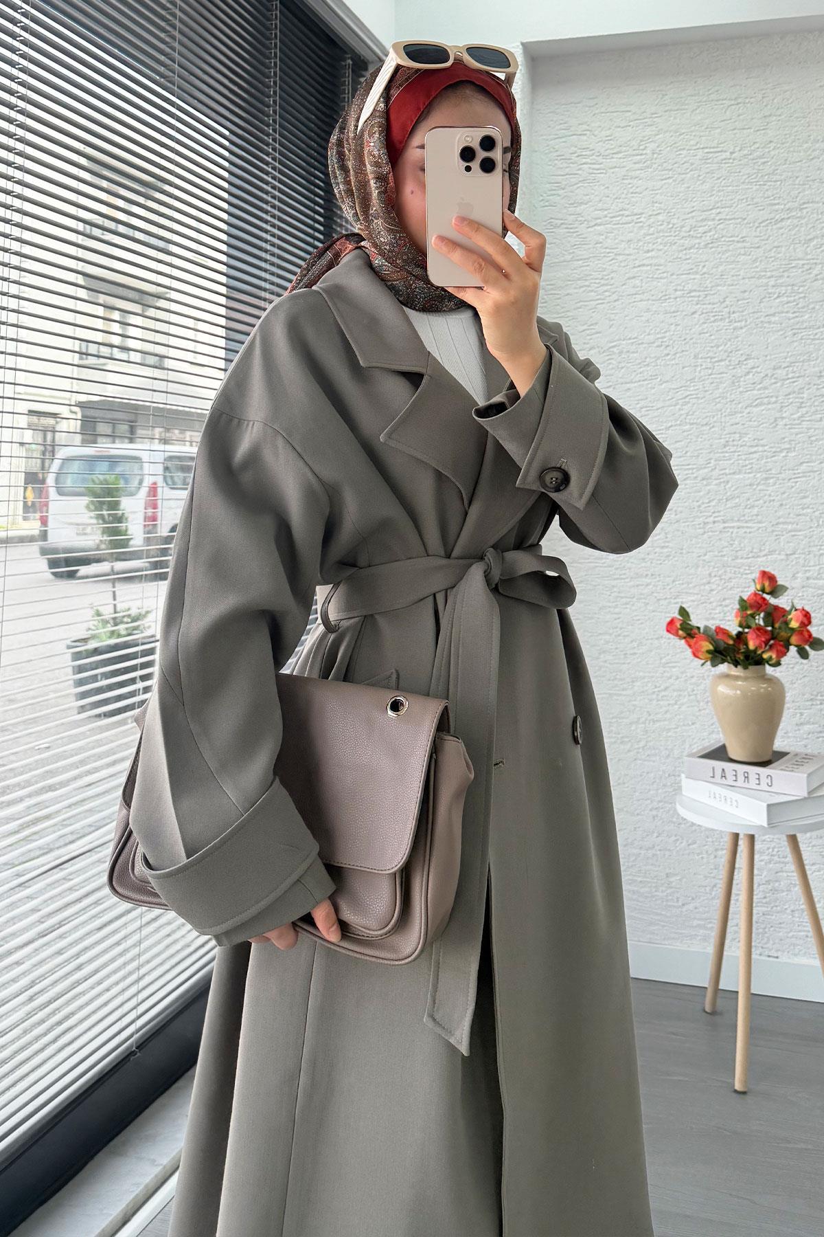 Premium Cepli Oversize Kadın Trençkot – Haki