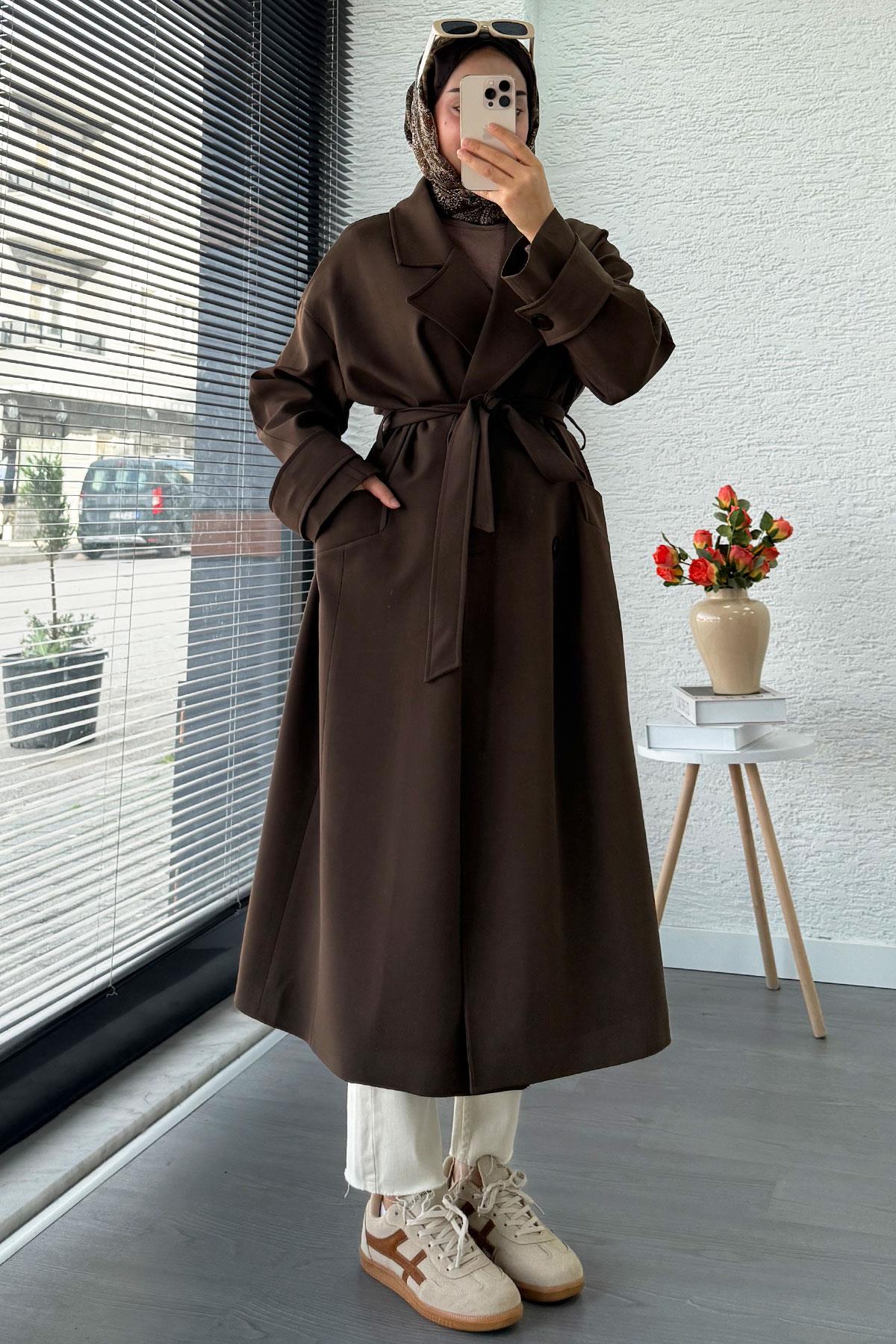 Premium Cepli Oversize Kadın Trençkot – Kahverengi