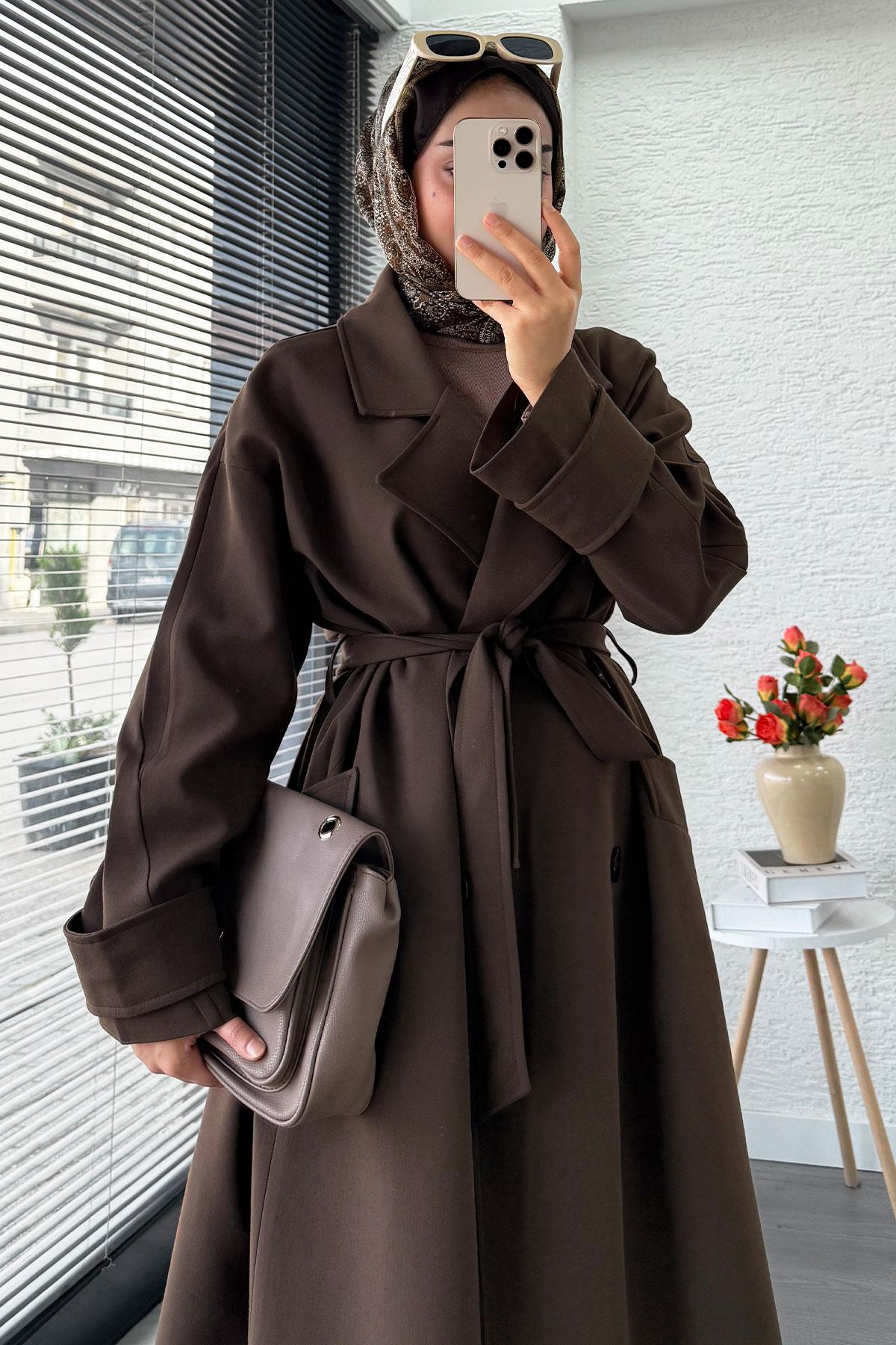 Premium Cepli Oversize Kadın Trençkot – Kahverengi