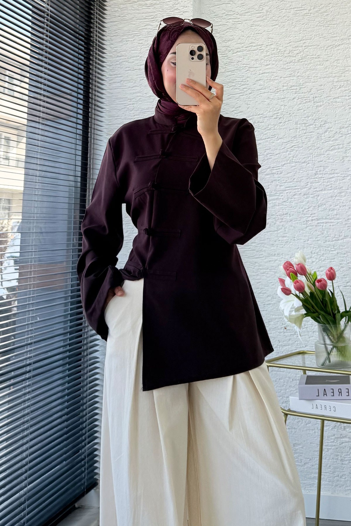 Premium Çin Düğmeli Mandarin Poliviskon Bluz - Mürdüm