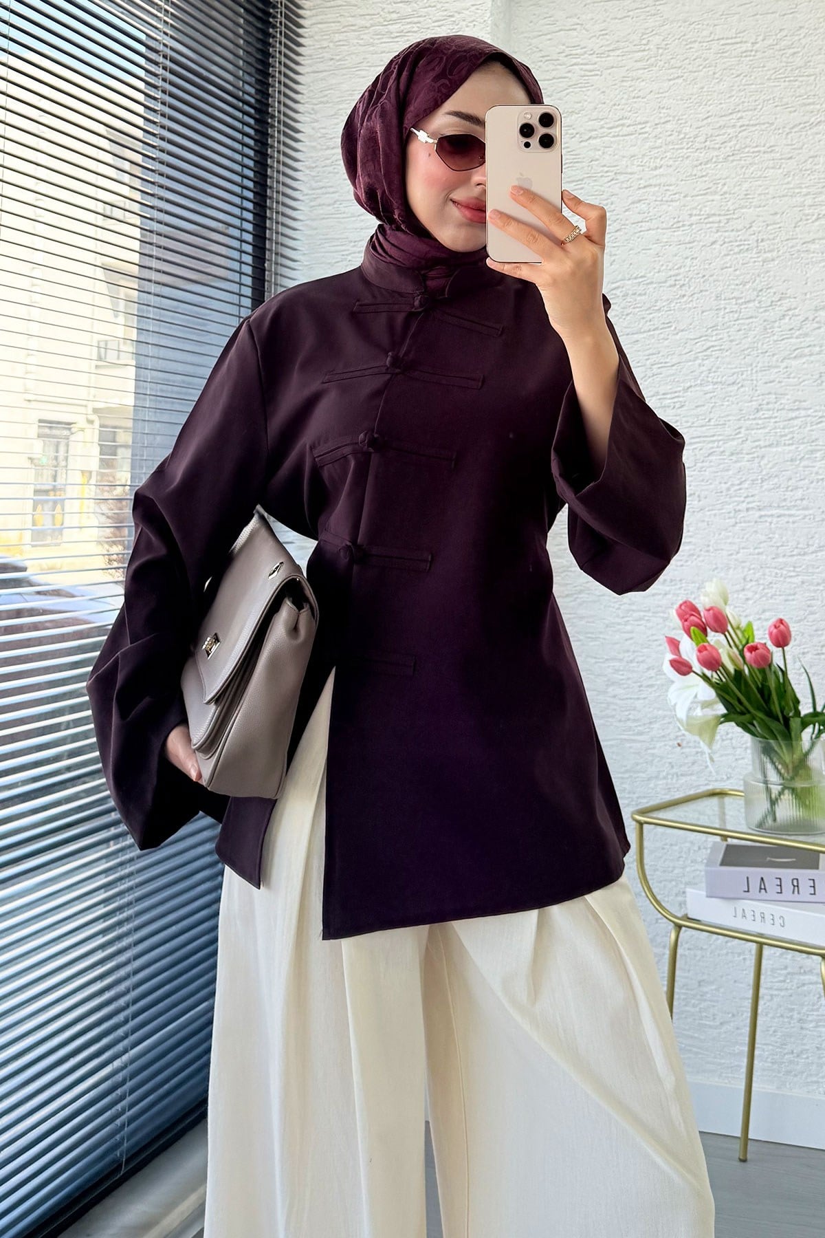 Premium Çin Düğmeli Mandarin Poliviskon Bluz - Mürdüm