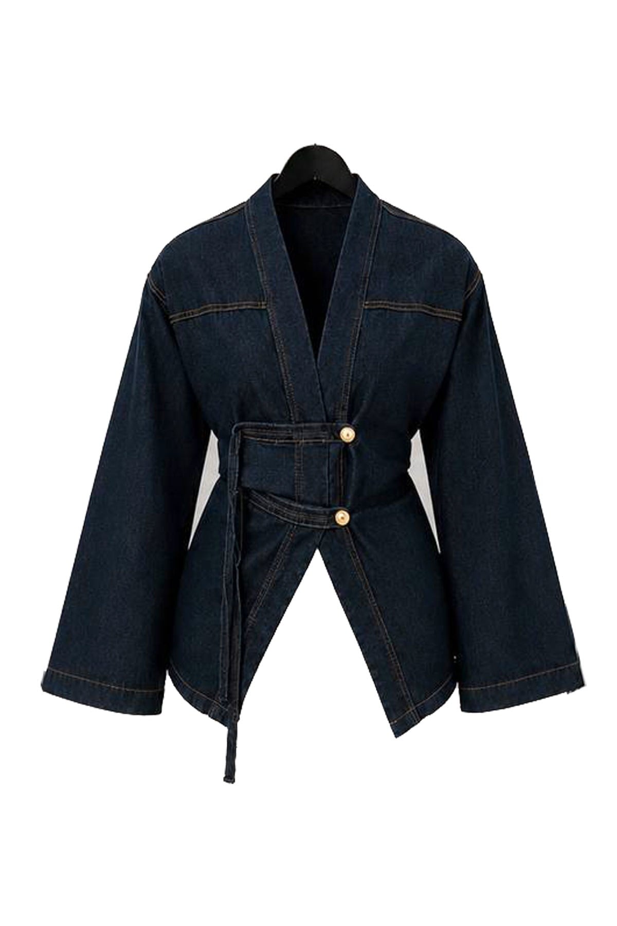 Premıum Çin Kapama Arkadan Bağlamalı Denim Kimono - Koyu Mavi