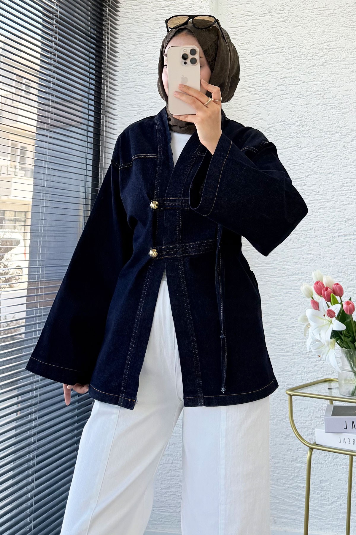 Premıum Çin Kapama Arkadan Bağlamalı Denim Kimono - Koyu Mavi