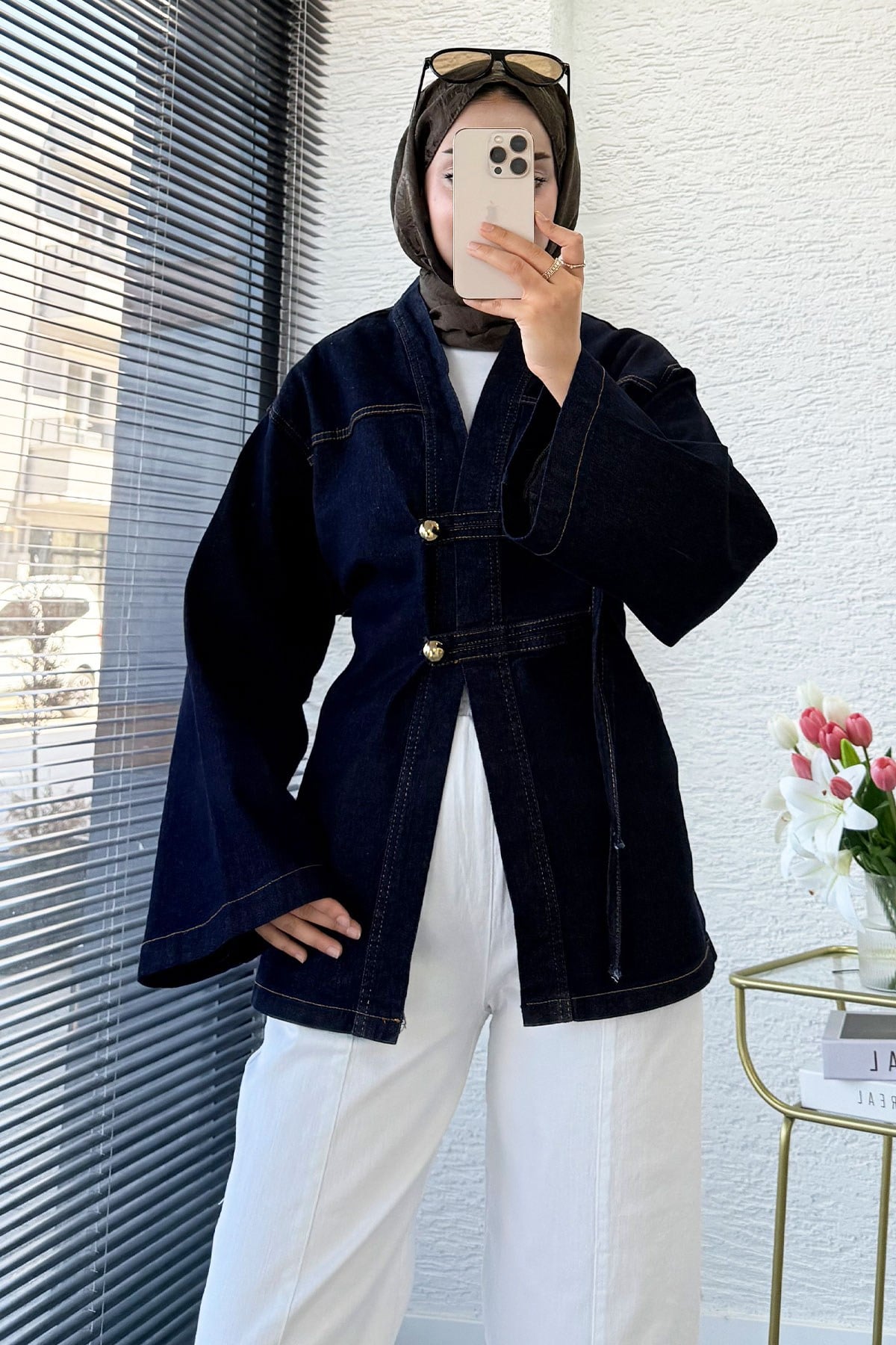 Premıum Çin Kapama Arkadan Bağlamalı Denim Kimono - Koyu Mavi