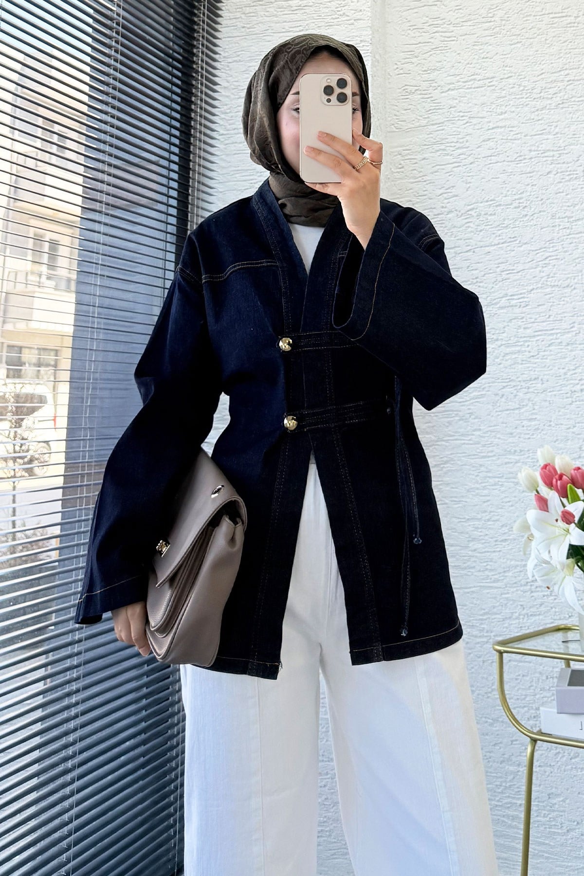 Premıum Çin Kapama Arkadan Bağlamalı Denim Kimono - Koyu Mavi