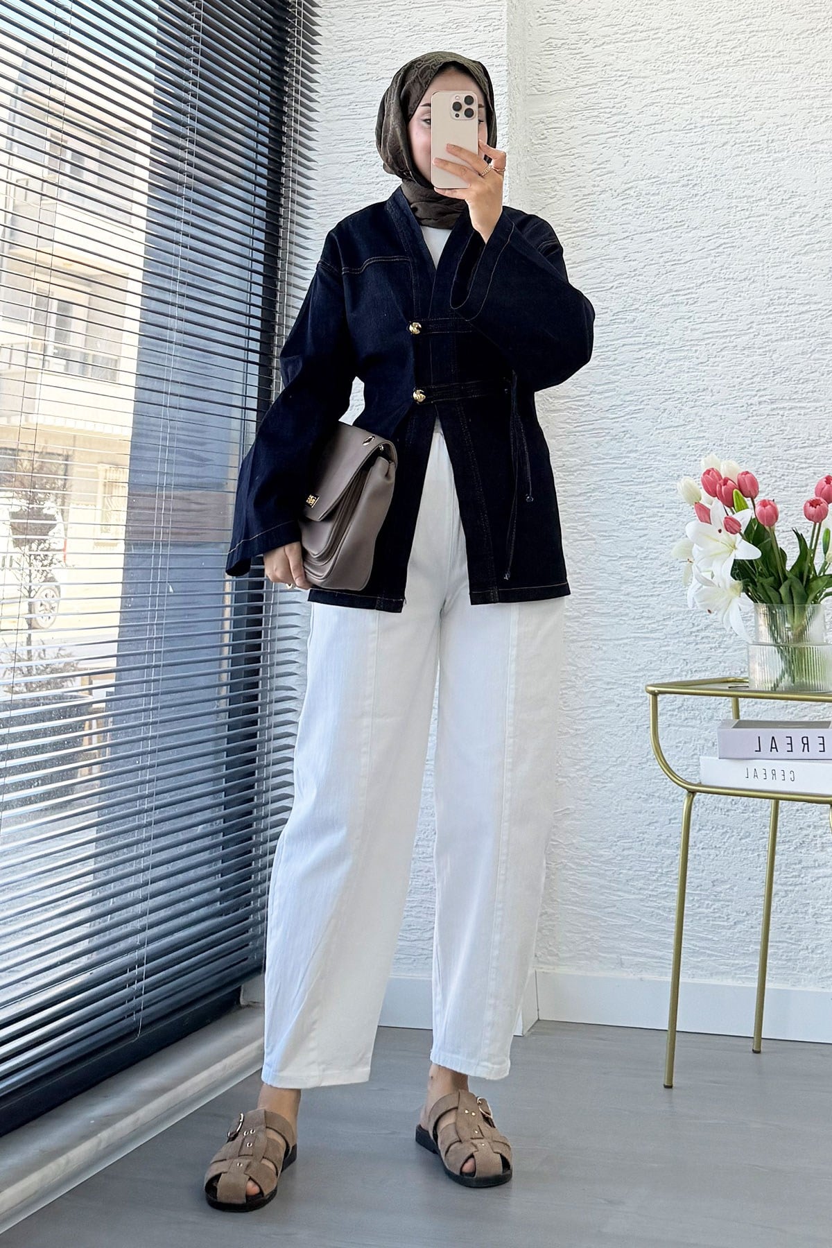 Premıum Çin Kapama Arkadan Bağlamalı Denim Kimono - Koyu Mavi