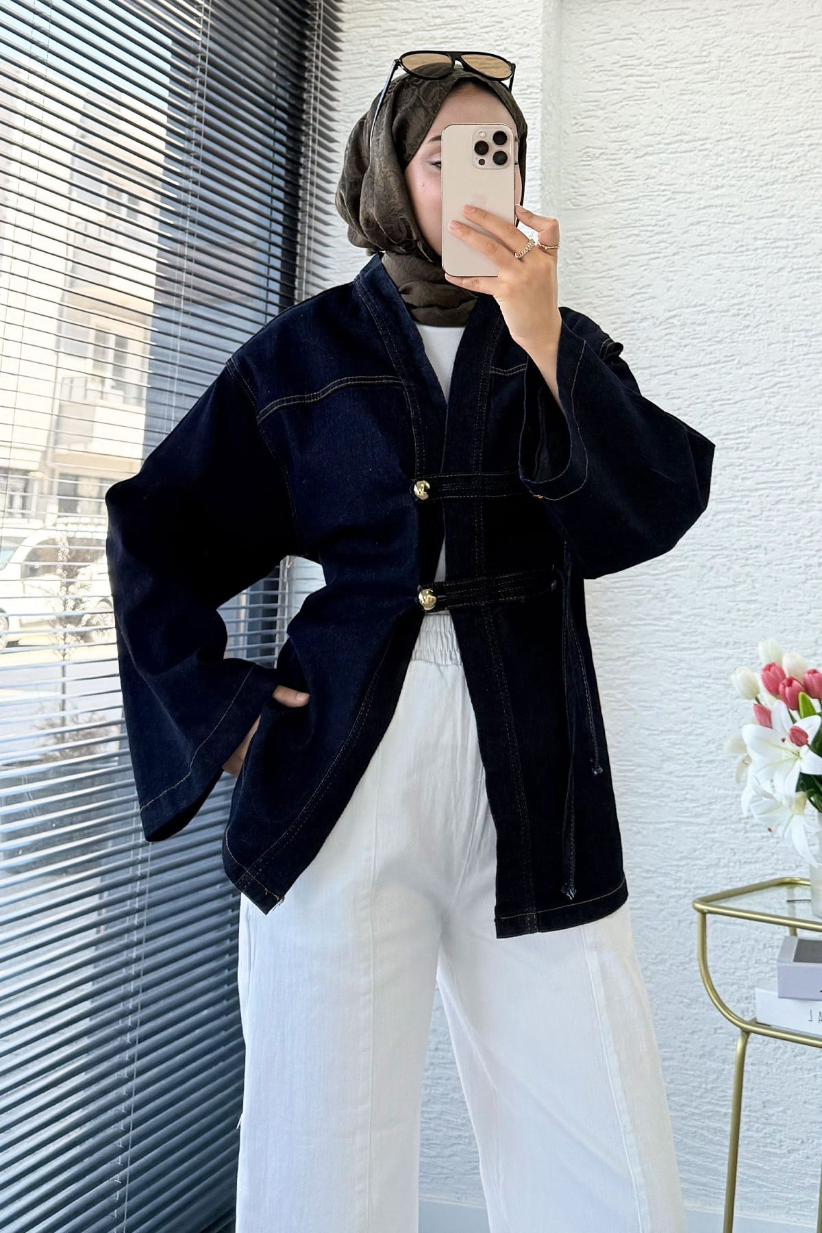 Premıum Çin Kapama Arkadan Bağlamalı Denim Kimono - Koyu Mavi
